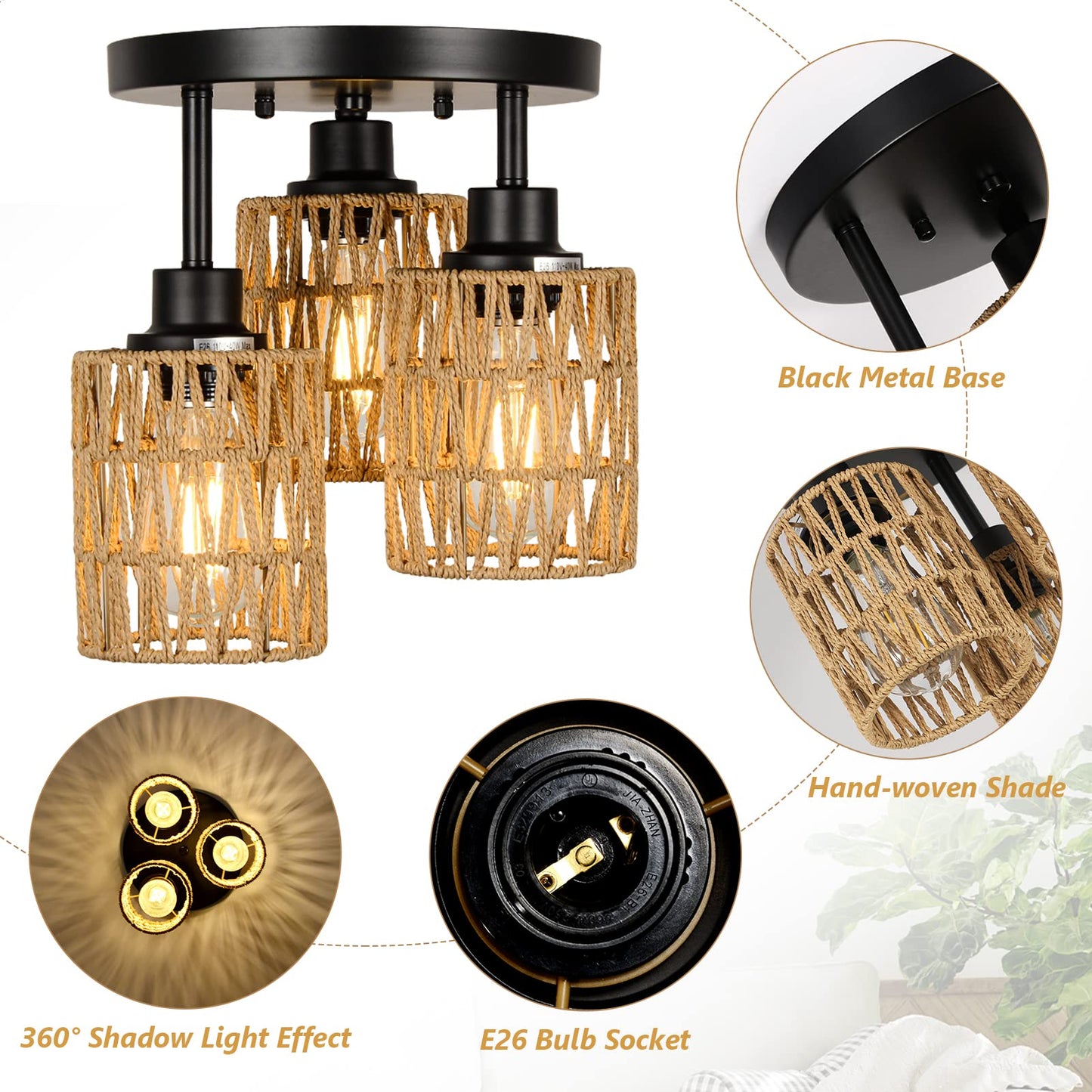 3-Lights Boho Light Fixtures Ceiling Mount, Farmhouse Rattan Chandelier, Hand Woven Cage Shade Semi Flush Mount Ceiling Lights for Bedroom Foyer Entryway Kitchen, Hallway Rattan Light Fixtures Ceiling