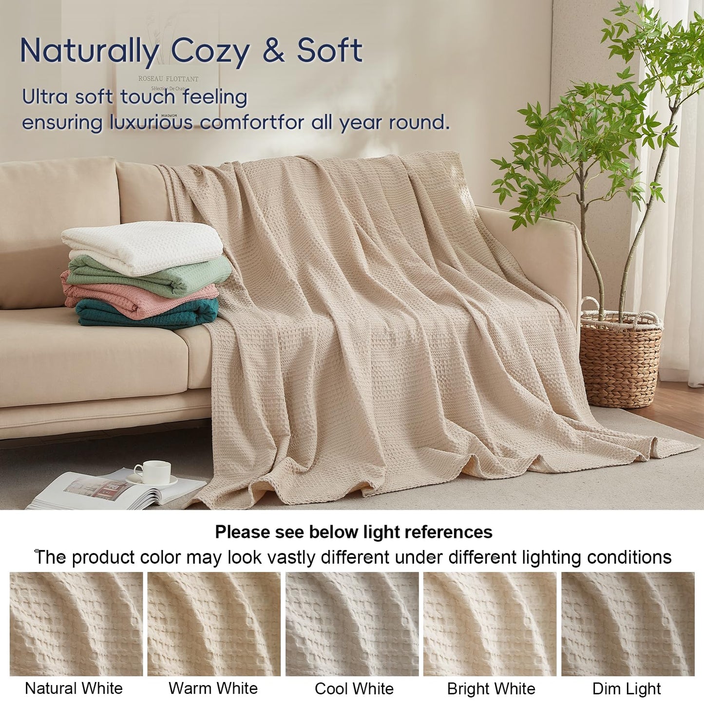 PHF Lightweight Waffle Weave Blanket King Size, Breathable & Ultra Soft, 104"x 90" Soft & Cozy Thin Blanket for Spring & Summer & Hot Sleepers, Bed, Home Decor - Light Tan
