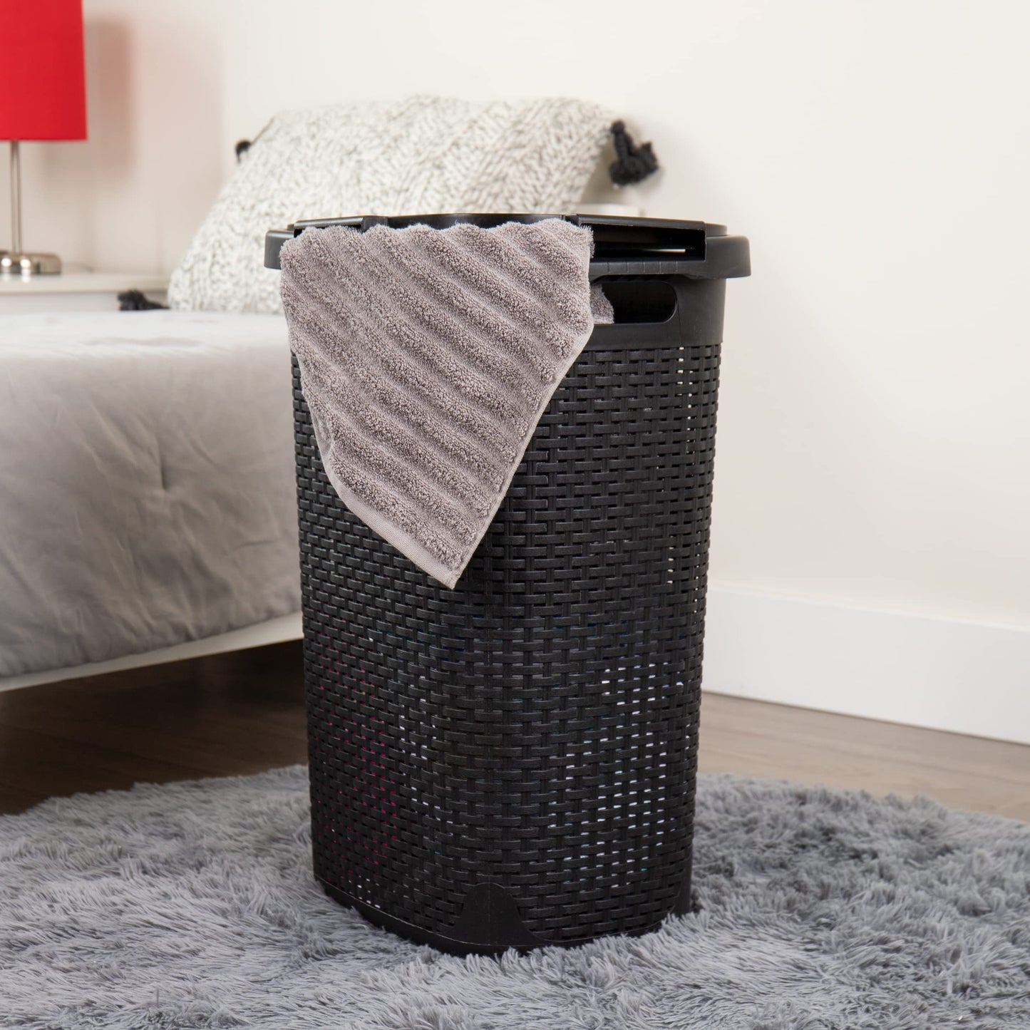 Mind Reader 60L Slim Laundry Hamper, Clothes Basket, Lid, Wicker Design, Plastic, 17.65"L x 13.75"W x 24.15"H, Black