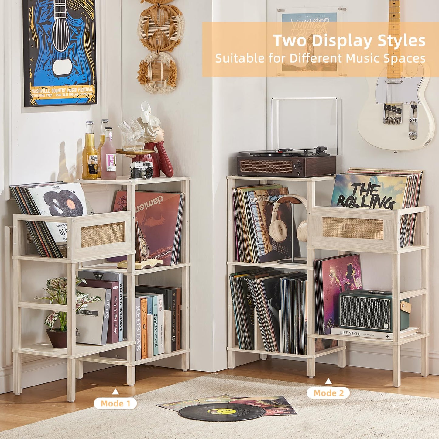 LELELINKY Record Player Stand, White Cream Oak Wood Record Holder with Vinyl Storage Holds up to 300+ Albums, 3-Tier Rattan Media Table with Vinyl Display Shelf, Record Storage Cabinet for Living Room