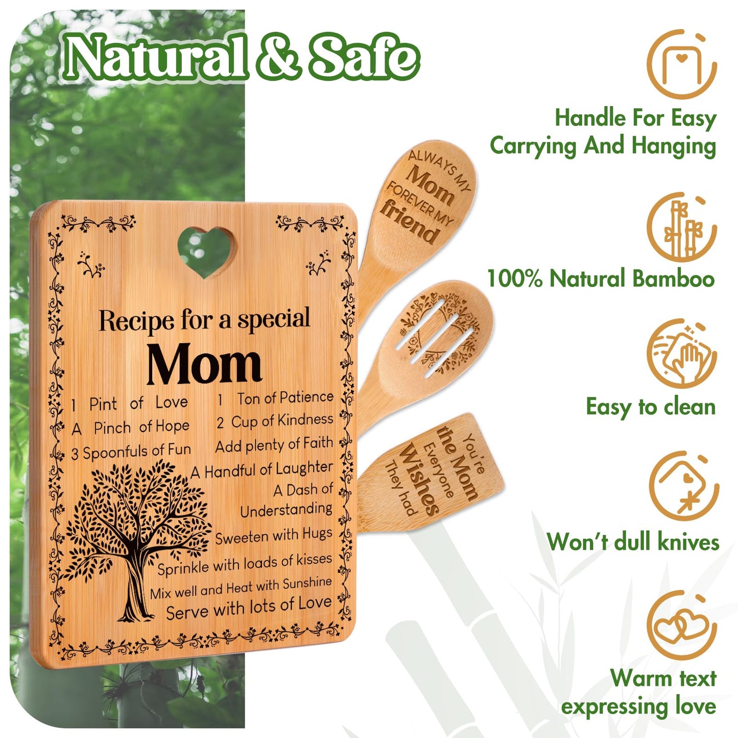 Gifts for Mom - "Recipe for a Special Mom" Mom Birthday Gifts Cutting Board Set, Bamboo-Made Engraved Utensil Set, Birthday Gifts for Mom from Daughter/Son, Mothers Day Gifts