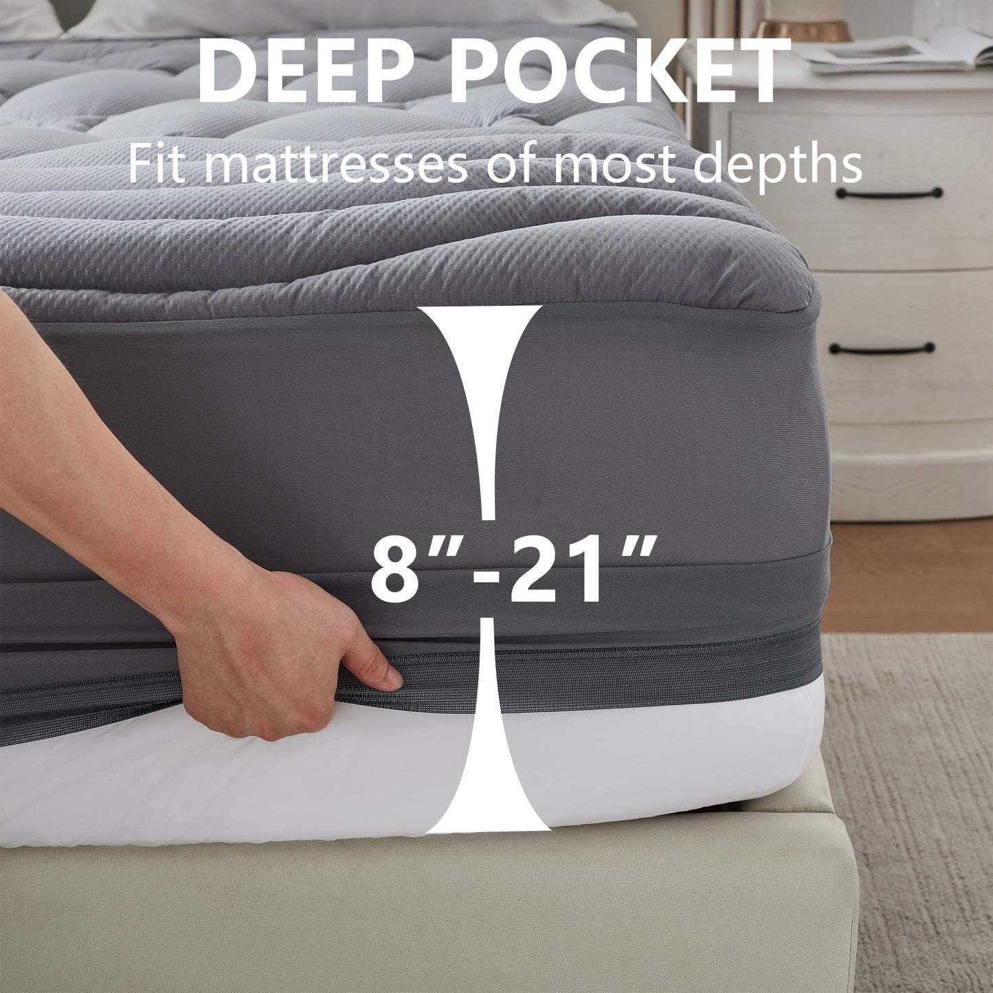 ELVEN HOME Queen Size Mattress Pad Waterproof, Pillow Top Cooling Mattress Topper Cover, Quilted Fitted Mattress Protector Washable, Deep Pocket 8-21" (60x80 inch, Grey)