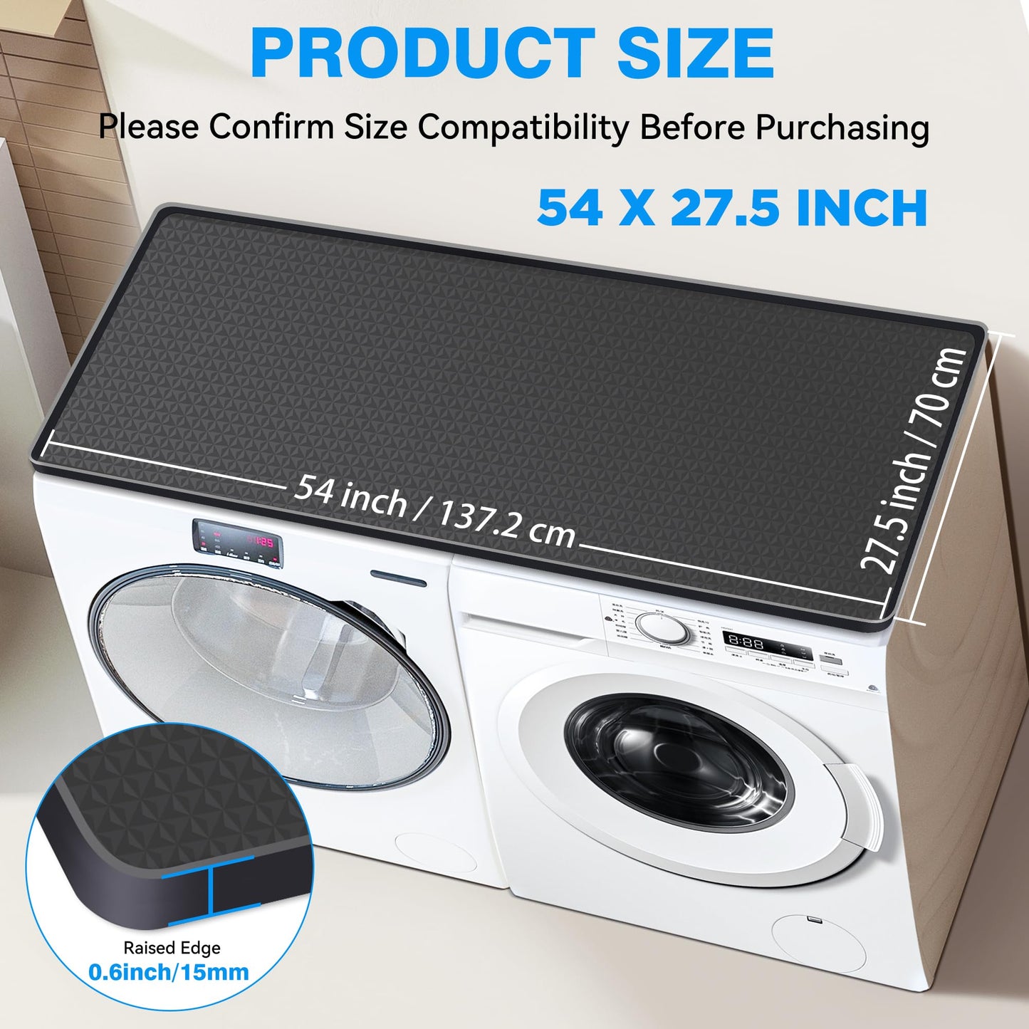 WAUTENANTY 54'' x 27.5'' Washer and Dryer Covers for the Top, Non-slip Silicone Washer Dryer Top Protector for Washing Machine, Waterproof Washer Dryer Countertop for Laundry Kitchen Home (Black)