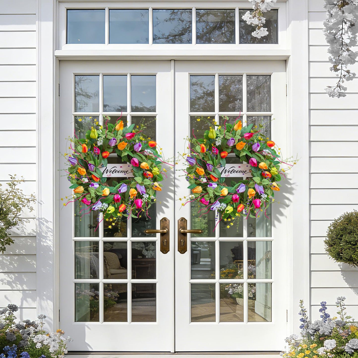 Summer Spring Wreaths for Front Door 26 Inch, Tulip Spring Summer Wreath with Welcome Sign, Artificial Floral Spring Door Wreath for Outdoor Front Door, Farmhouse Seasonal Summer Wreath