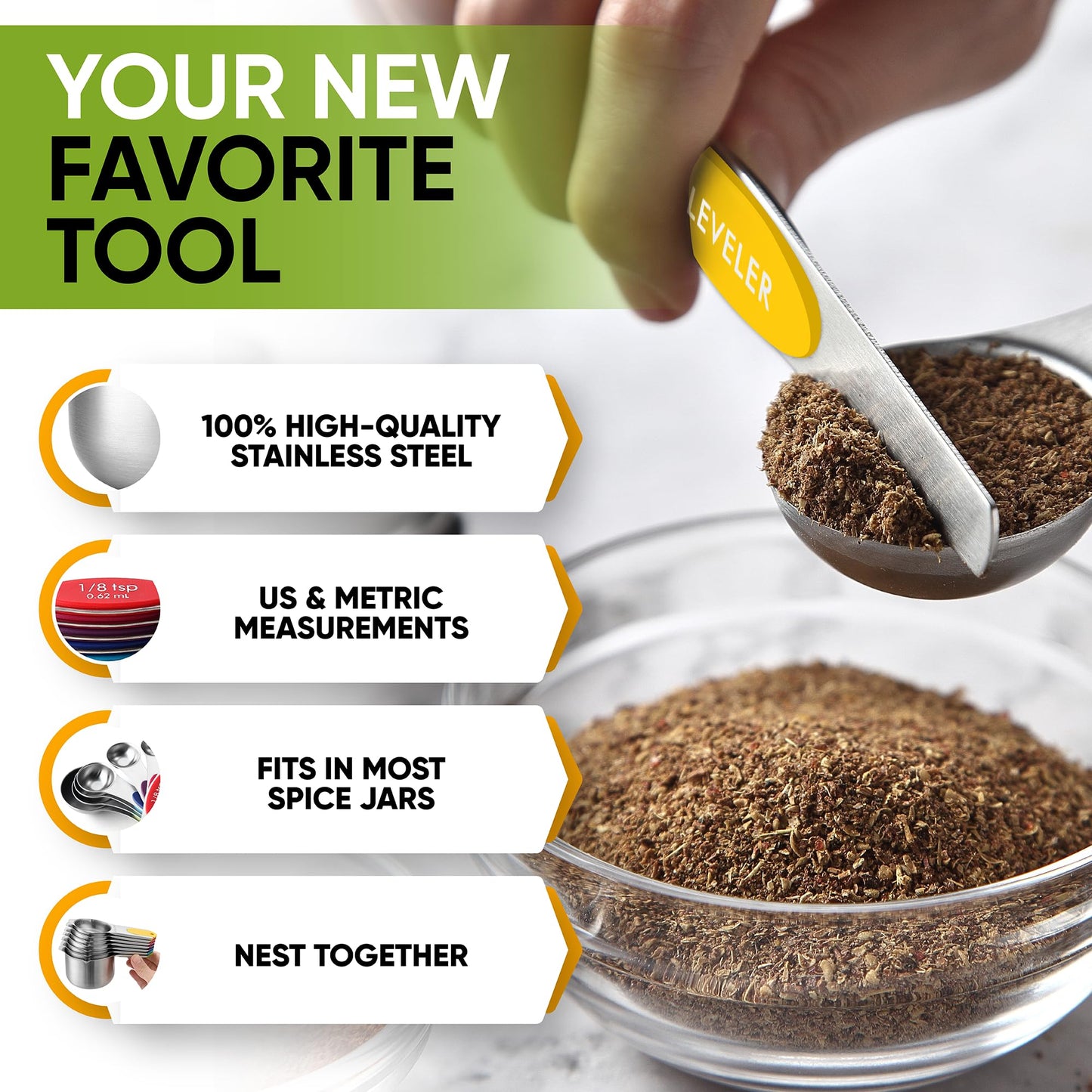 Spring Chef Magnetic Measuring Cups & Spoons Set, Patented, Strong N45 Magnets, Heavy Duty Stainless Steel Fits in Spice Jars for Baking & Cooking, BPA Free, Set of 15 with Leveler, Multicolor