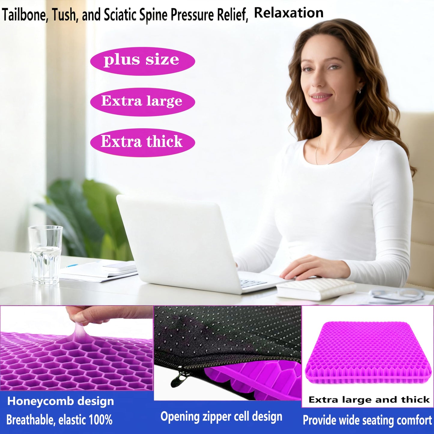 Plus Size Gel Seat Cushion for Long Sitting, Extra Large and Thick, Gel Cushion for Back, Hip, Sciatica, Tailbone Pain Relief, Use for The Office, Wheelchair, Car, Recliner, Stadium, Kayka.(Rose red)