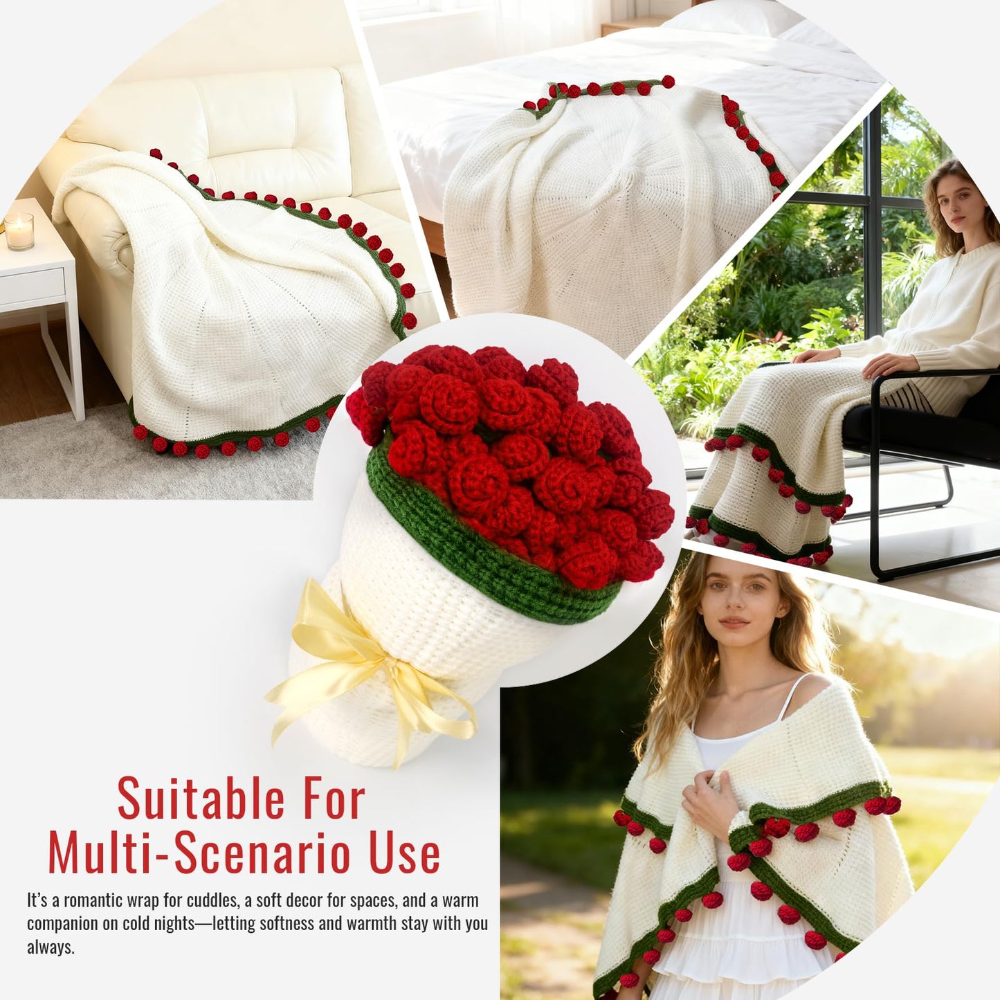FNHMSL Crochet Bouquet Flower Throw Blanket, Handmade Knitted Bouquet Blanket with Orange Flower, Romantic Gifts for Girlfriend Mom Mother's Day/Birthday/Wedding (Red Rose, 51X51 inch)
