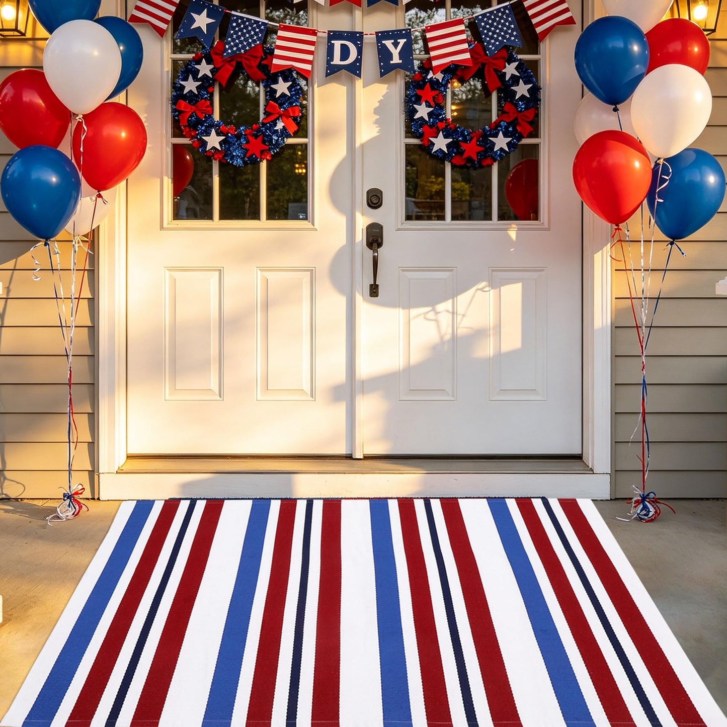 Bottalive USA 250th Anniversary Patriotic Doormat, 3' x 5' Red White and Blue Striped Outdoor Rug, Washable Farmhouse Front Porch Welcome Mat for Memorial Day, 4th of July, and Independence Day Decor