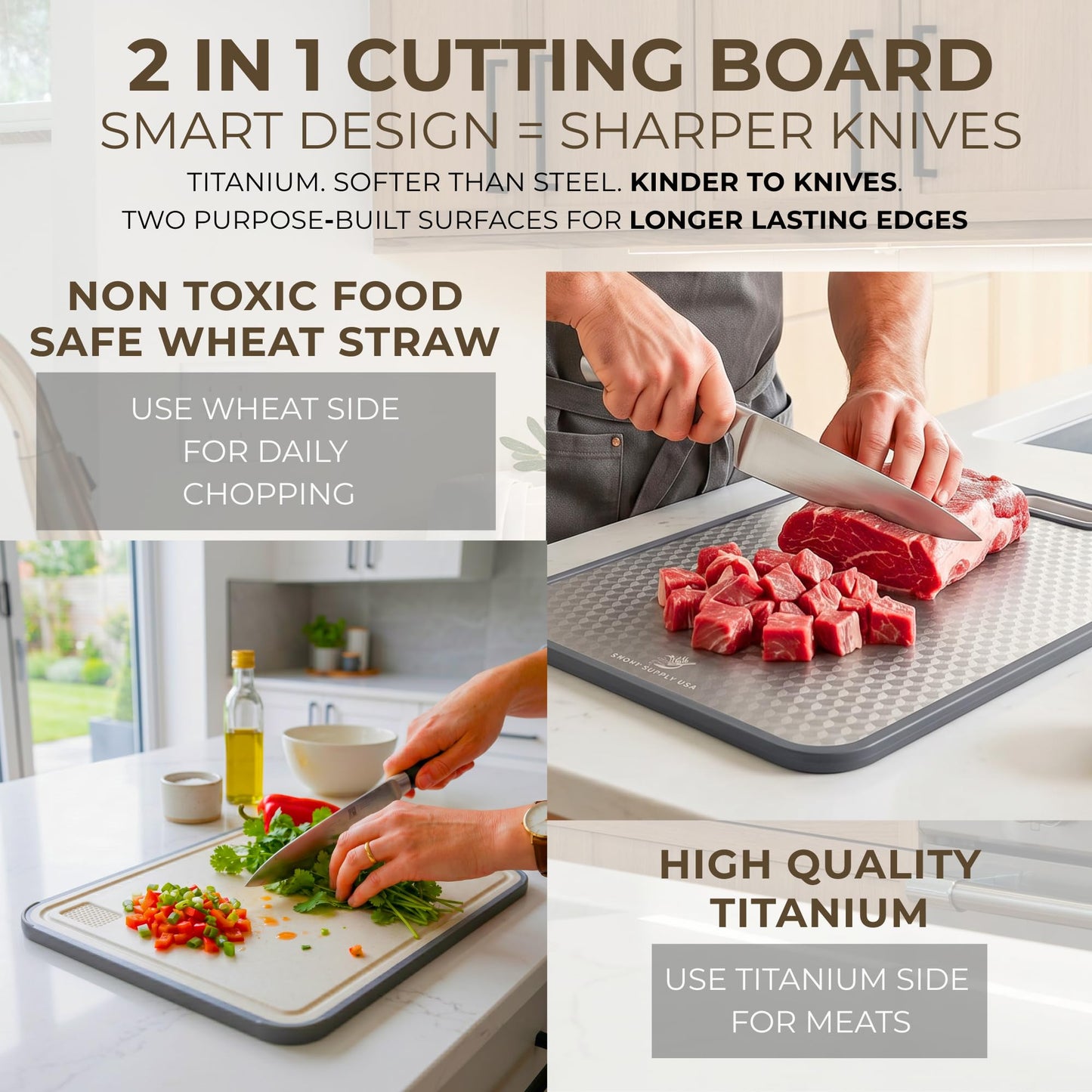 Titanium Cutting Board | Scratch Reduction Mesh | Double-Sided Pure Titanium and Wheat Straw | Anti Slip | Juice Groove | Stain Resistant | Food Grade | Easy to Clean | Smoky Supply USA