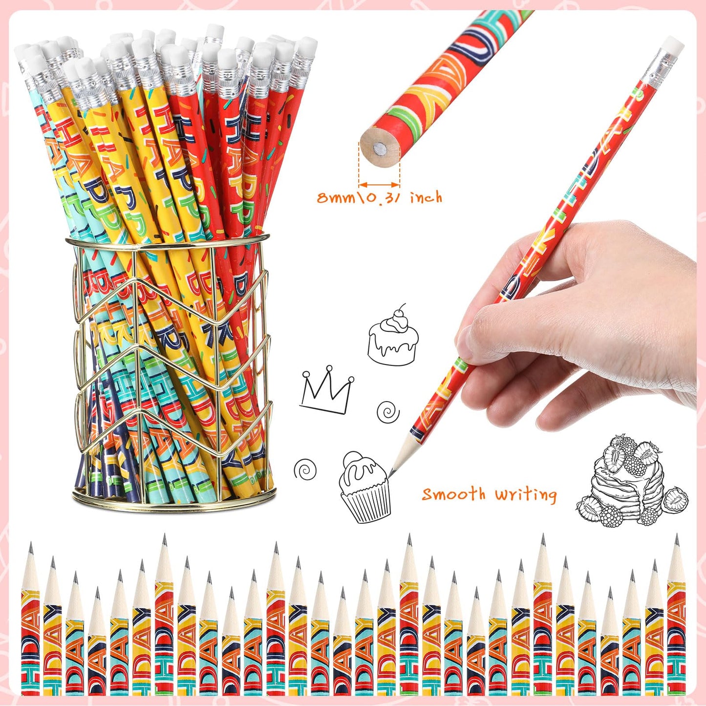 Kosiz 400 Pcs Happy Birthday Pencils for Students Colorful Printed Birthday Pencils Bulk with Top Erasers Wood Writing Instruments for Teachers Classroom Reward Party Kids Gifts Supplies