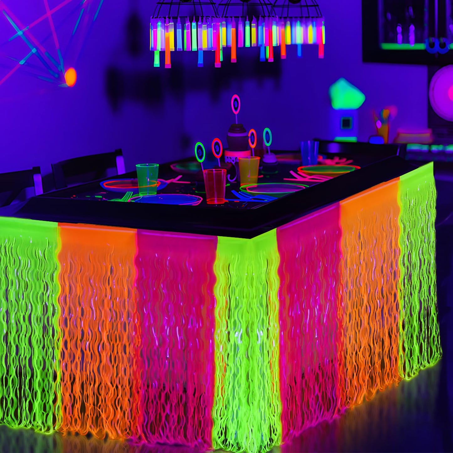 Mega-L Glow in The Dark Party Supplies, 4 Pack Neon Party Decorations Fluorescent Macaron Orange, Yellow and Fuchsia Wavy Metallic Tinsel Foil Fringe Table Skirt, Perfect Glow Birthday Party Decor