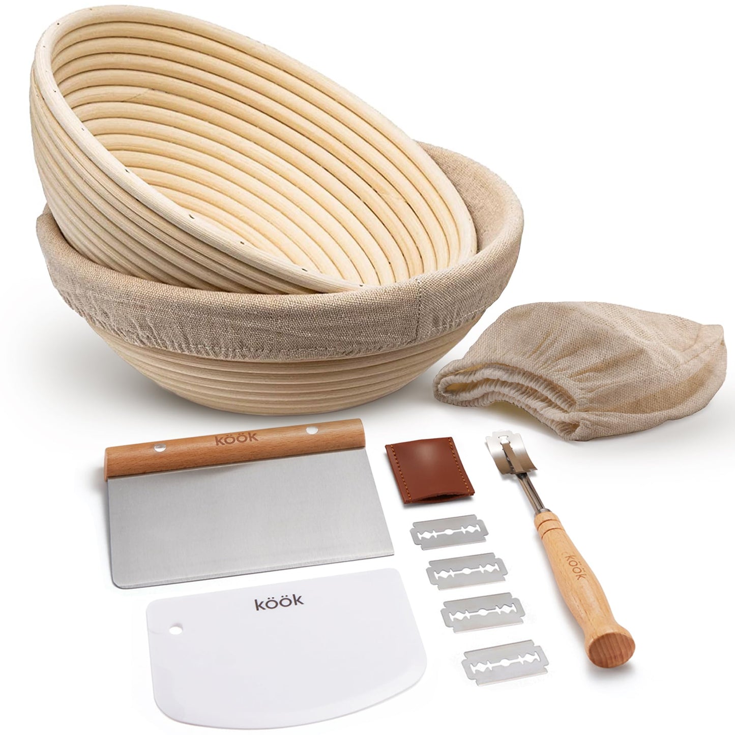 Kook Banneton Bread Proofing Set, Artisan Sourdough Bread Making Kit, 9 Inch Handwoven Rattan Baskets and Liners, Metal & Plastic Dough Scrapers, Scoring Lame & Case, 4 Extra Blades, Set of 2, Round