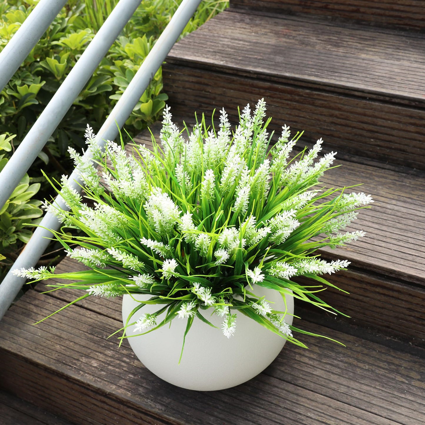 AmberFun 16 Bundles Artificial Plants Outdoor, UV Resistant Fake Lavender & Monkey Grass, Realistic Plastic Faux Plants for Balcony, Patio, Porch Greenery Decor, Planter Filler(White)
