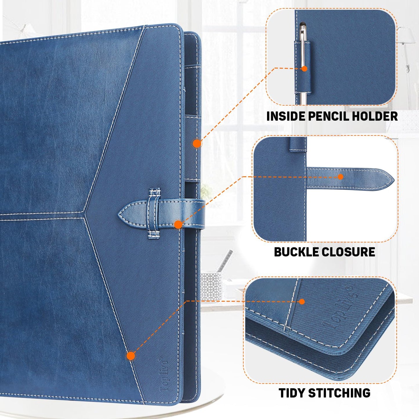 Toplive Padfolio 3 Ring Binder Organizer Business Portfolio Folder for Women, A4/ Letter Size PU Leather Portfolio Padfolio for Interview Conference Presentation, Blue