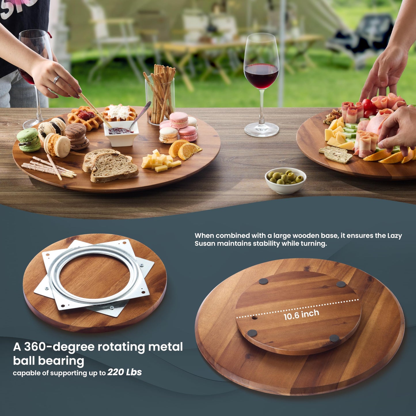 TIDITA 18" Acacia Wood Lazy Susan for Table Top - Wooden Turntable Serving Tray for Charcuterie Boards Cheese Board - Extra Large Round Lazy Susan Organizer - Kitchen Revolution for Countertop