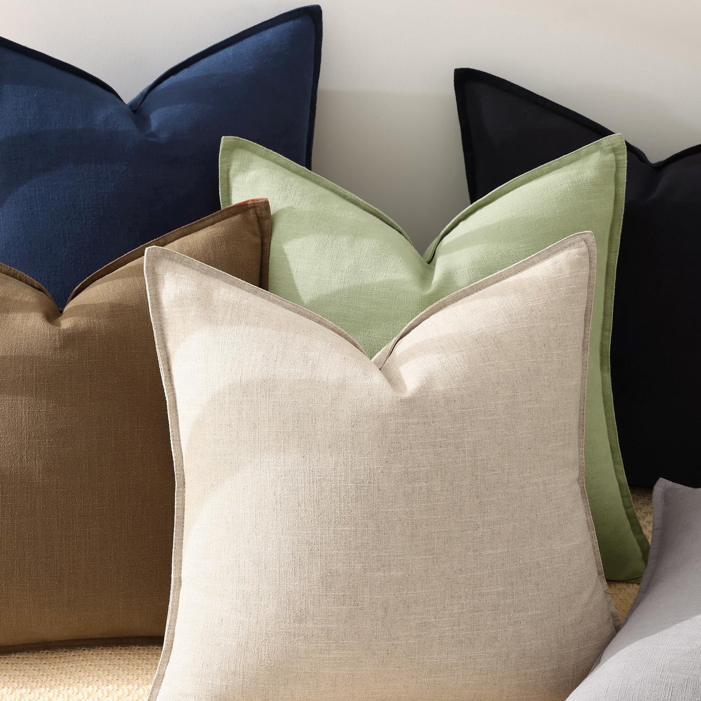 decorUhome Summer Decorative Linen Throw Pillow Covers 20x20 Inch Set of 2 Navy Blue Pillow Covers with Flange Edges Soft Farmhouse Boho Accent Pillow Cases for Couch Bed Living Room