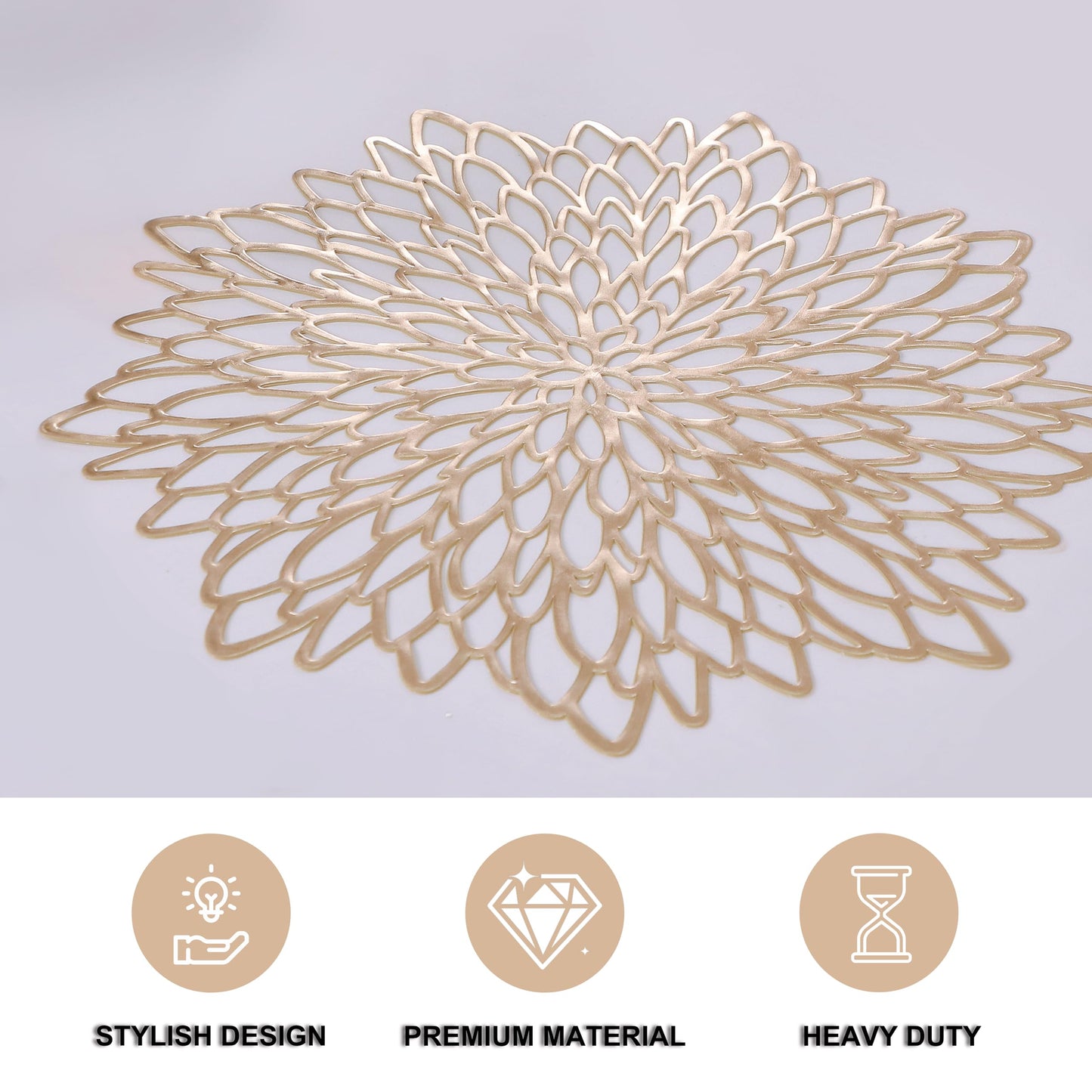 Snowkingdom Pack of 18 Gold Placemats Metallic Round Leaf Bulk Pressed Vinyl Dinning Kitchen Table Charger Mats Decorations for Mothers Day Wedding Party Birthday Event Holiday Christmas Thanksgiving