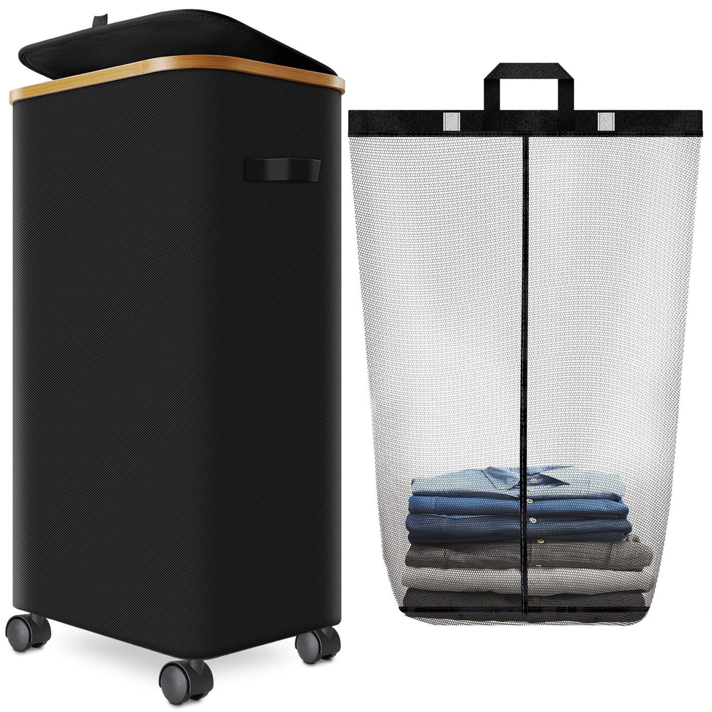 Laundry Hamper with Wheels,29 Gal (110L) Laundry Basket with lid Rolling Clothes Hamper Foldable Dirty Clothes Basket on wheels with Bamboo Frame and Bag for Bedroom, Dorm, Laundry Room-Black