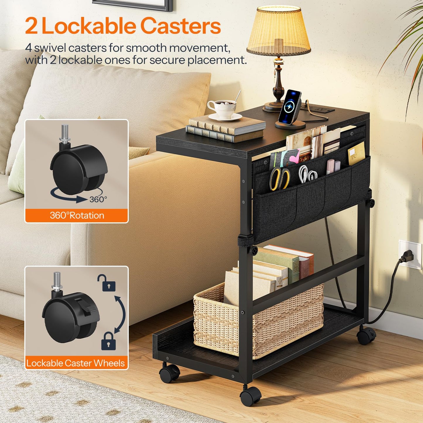 HOOBRO Computer Tower Stand, PC Stand with Charging Station, PC Tower Stand Height Adjustable Under Desk, Large CPU Holder Cart with Locking Casters & Storage Pockets, for Home Office, Bedroom BB72UCJ01