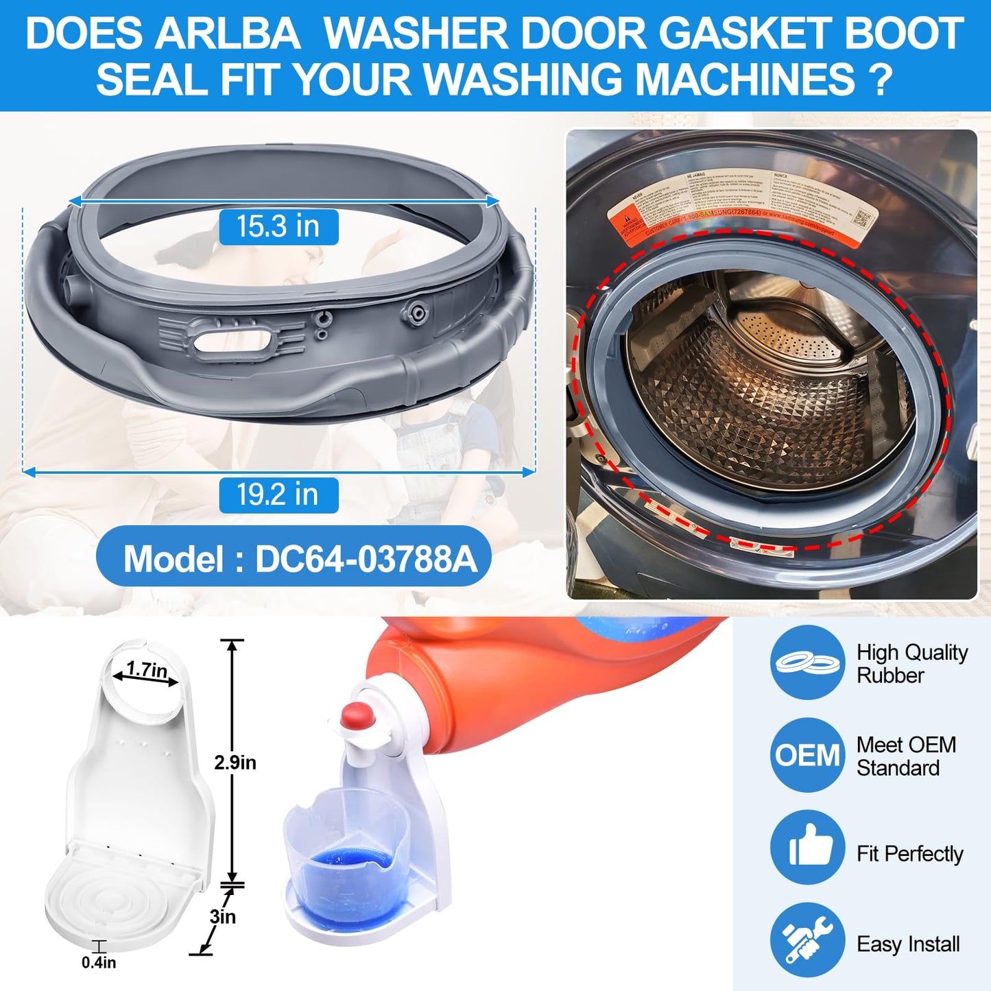 Upgraded WF45T6000AW/A5 Door Seal For Samsung Washer Door Gasket Boot Seal DC64-03788A X 006 AP6884238 Diaphragm WF45R6300AW/US WF45R6100AW/US WF45T6200AW/US WF45B6300AW WF45A6400 WF46BB670 WF50A860