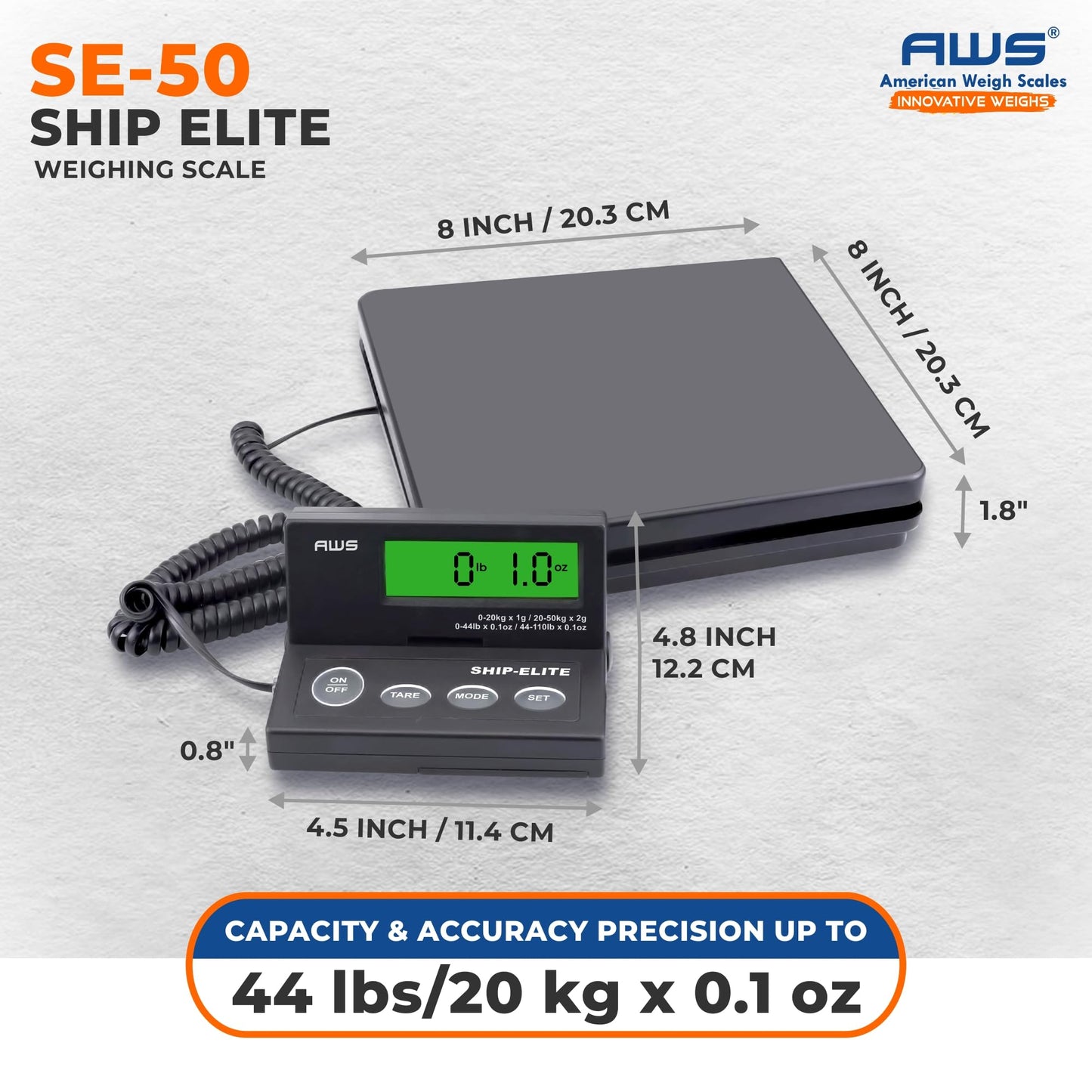 American Weigh Scales Digital Shipping Scale | Highly Accurate Multifunctional Postal Package & Luggage Weighing Scale | 110 lbs x 0.1 oz | Backlit LCD | Battery & AC Adapter | Compact Platform