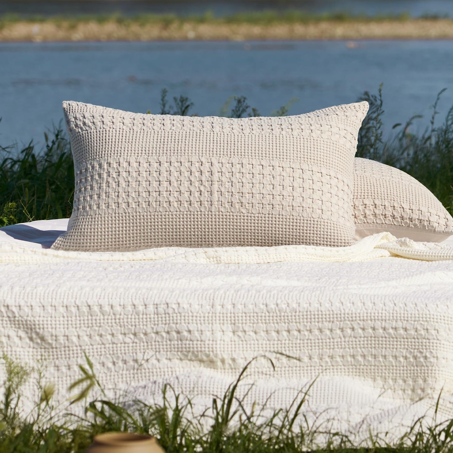 PHF 100% Cotton Waffle Pillow Shams King Size, 2 Pack 20" x 36" Soft Skin-Friendly Pillowcases, No Filling, Aesthetic Woven and Breathable Waffle Weave Pillow Case Covers for Bed, Oatmeal
