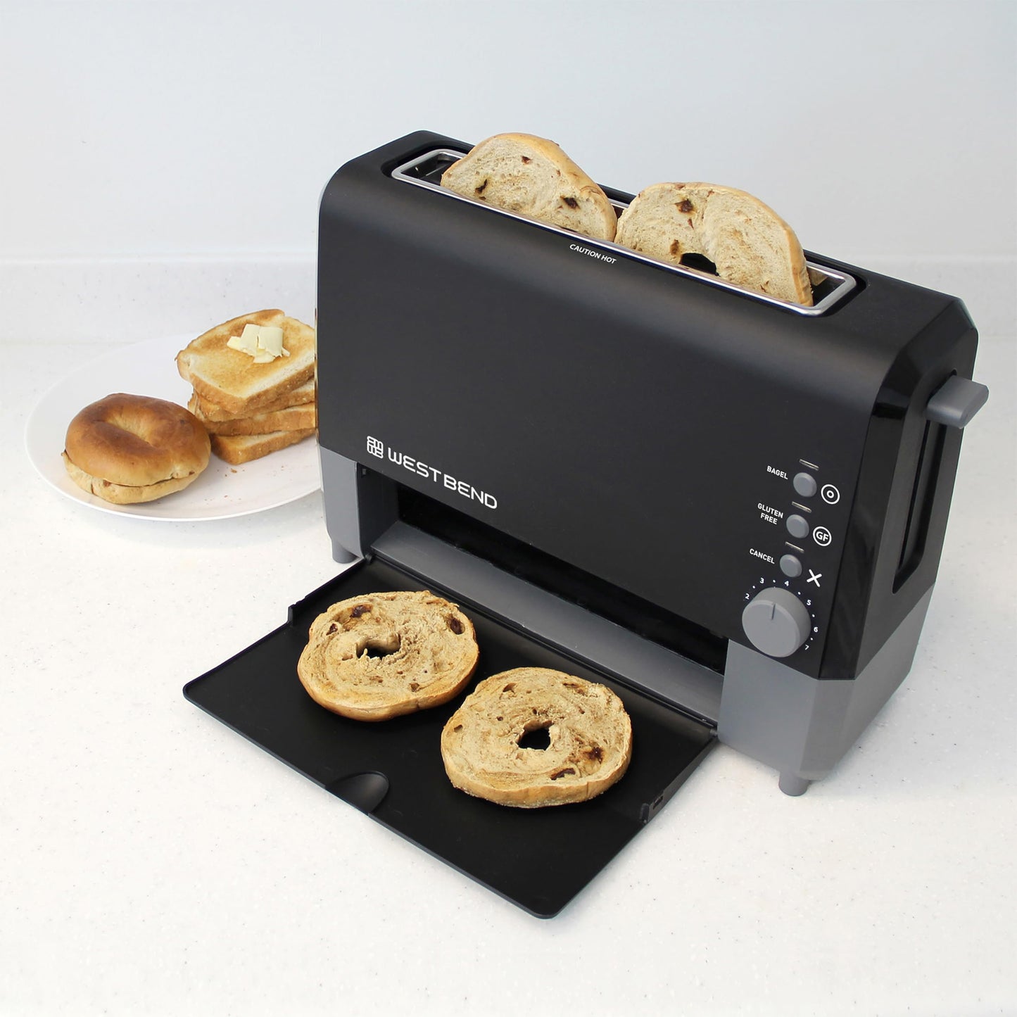 West Bend QuikServe Toaster, 2-Slice Wide-Slot Slide-Through Bread Toaster with Bagel and Gluten-Free Settings and Cool-Touch Exterior Fast Toasting, Includes Removable Serving Tray, 1400-Watts, Black