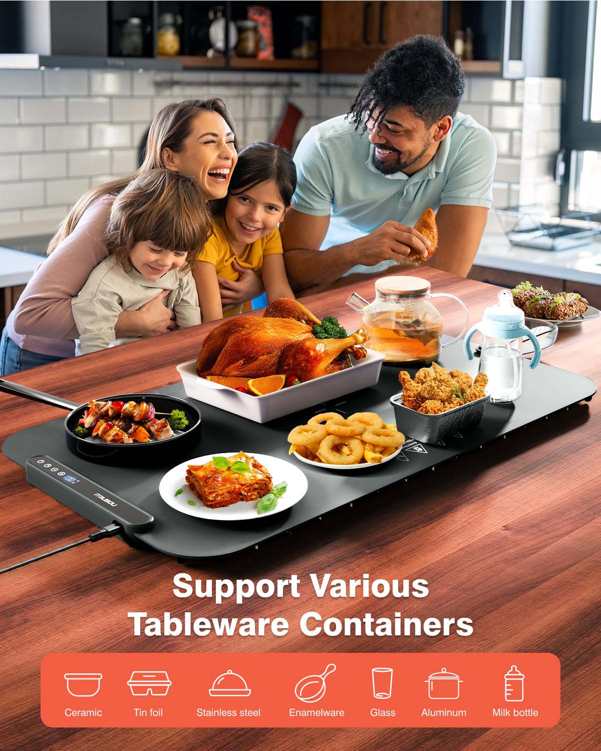 Food Warming Mat, iTRUSOU 27.5x16'' Electric Warming Tray with 7 Temp-Settings, 1-99h Flexible Timer, Switchable °F/°C, Rollable Food Warmer Keep Food Warm at Buffet, Party, Sabbath, Daily Use