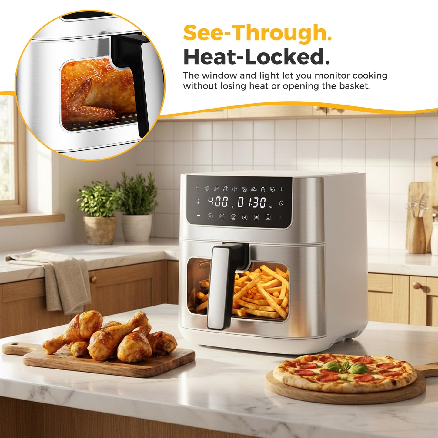 NEWBULIG Air Fryer 6.34QT, Airfryer with Visible Window, 400℉ Fast Heating Air Fryers Oven with Nonstick and Dishwasher-Safe Basket, 8-in-1 Cooking Preset, Timer，Auto-Off, Stainless Steel, White