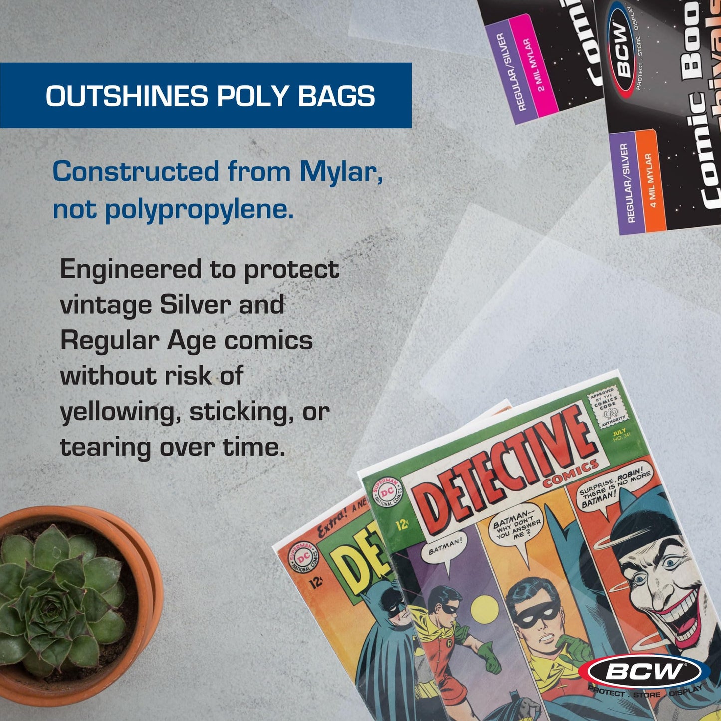 BCW Archival Storage Bags for Silver Age/Regular Comic Books - 50 Pack | 7 1/4" x 10 1/2" | 2 Mil Mylar Comic Book Sleeves | Clear Polyester