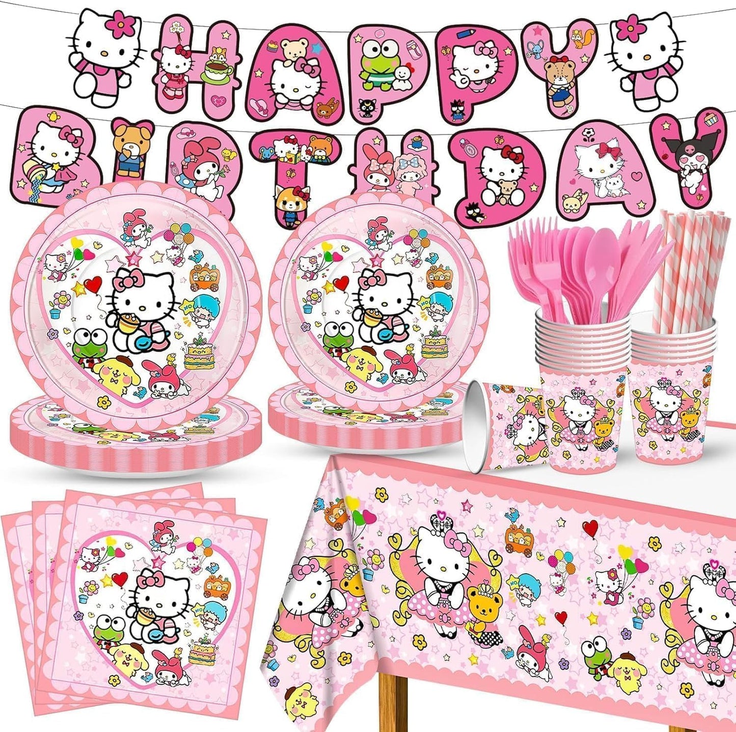 92pcs Kitty Birthday Party Supplies Kawaii Party Tableware Party Supplies Include Banner Party Plates and Napkins Tablecloth for Boys/Girls Birthday Party Decorations.