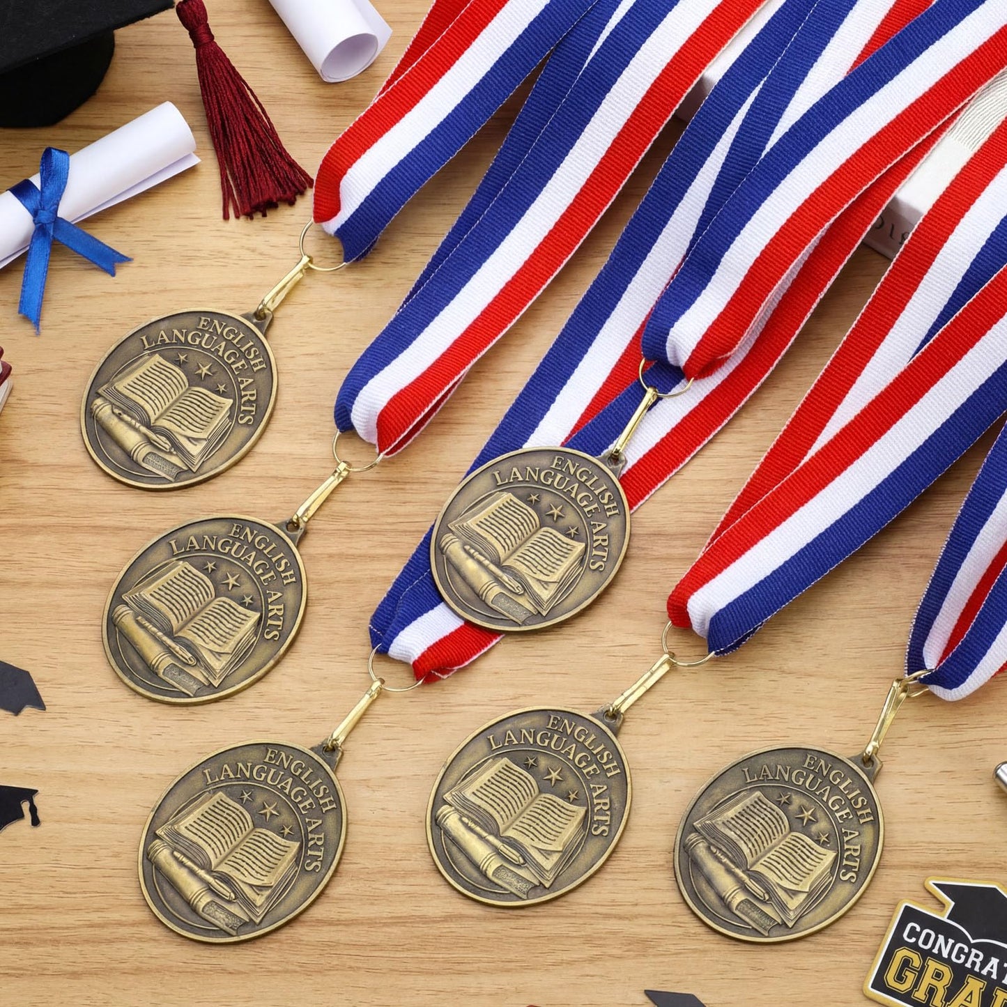 Liliaafar 36 Pcs English Language Arts Award Medals Bulk with Neck Ribbons Gold Trophy Prize Gift for Competition Graduation Ceremony