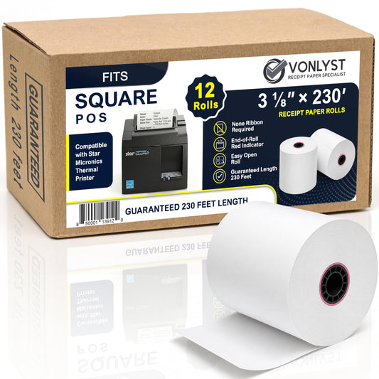 Vonlyst Receipt Paper Roll 3 1/8 x 230 for Square Register and Square POS System connected to Star Micronics Thermal Printer (Pack 12 rolls)