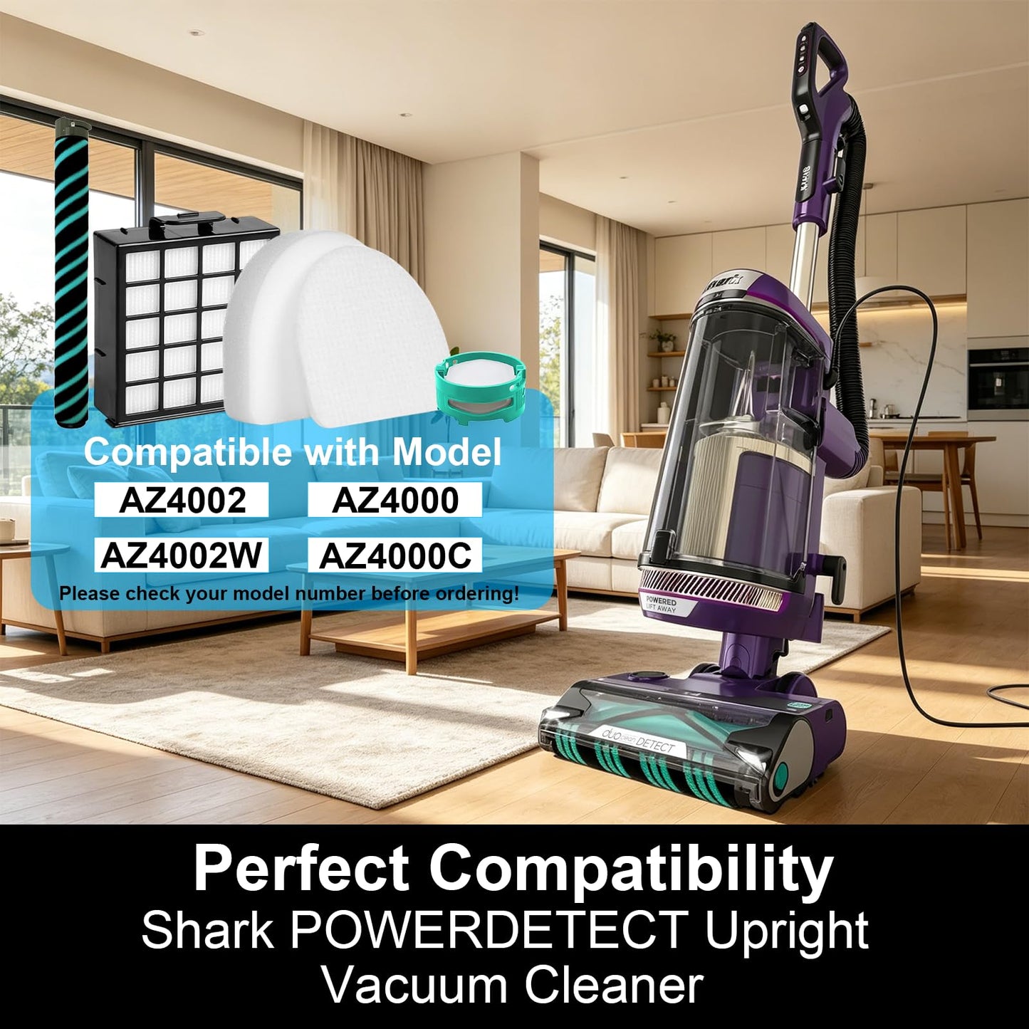 AZ4002 Filter Compaitble with Shark POWERDETECT Upright Vacuum AZ4002 AZ4000, include 1 Soft Roller Brush, 2 HEPA Filters, 4 Foam & Felt Kit, 4 Odor Neutralizer, compare to Part# XFFKAZ4000 XHFAZ4000
