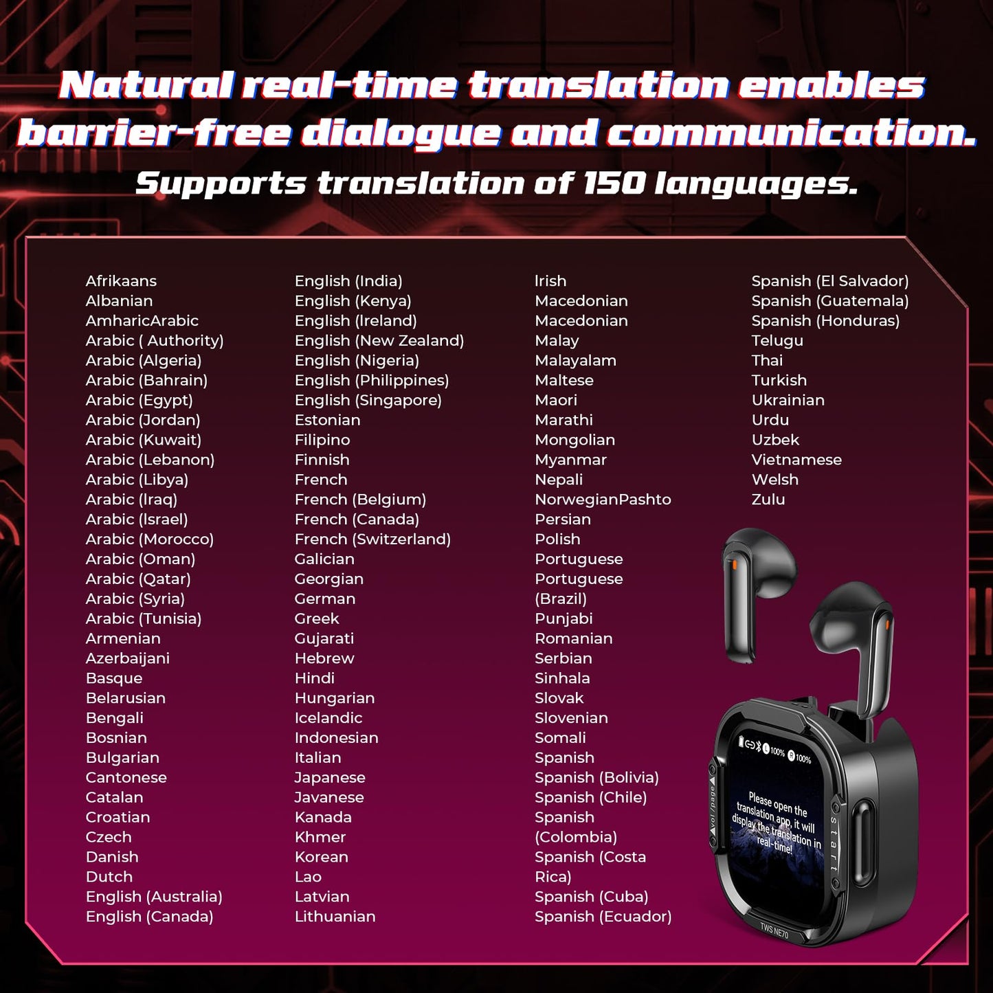 BEARTAIN NE70 Earbuds, 2026 New NE70 AI Translation Earbuds in Real Time, Language Translator Headphones with LCD Touch Screen Audifonos Traductores Inglés Español Support 150 Languages for Travel