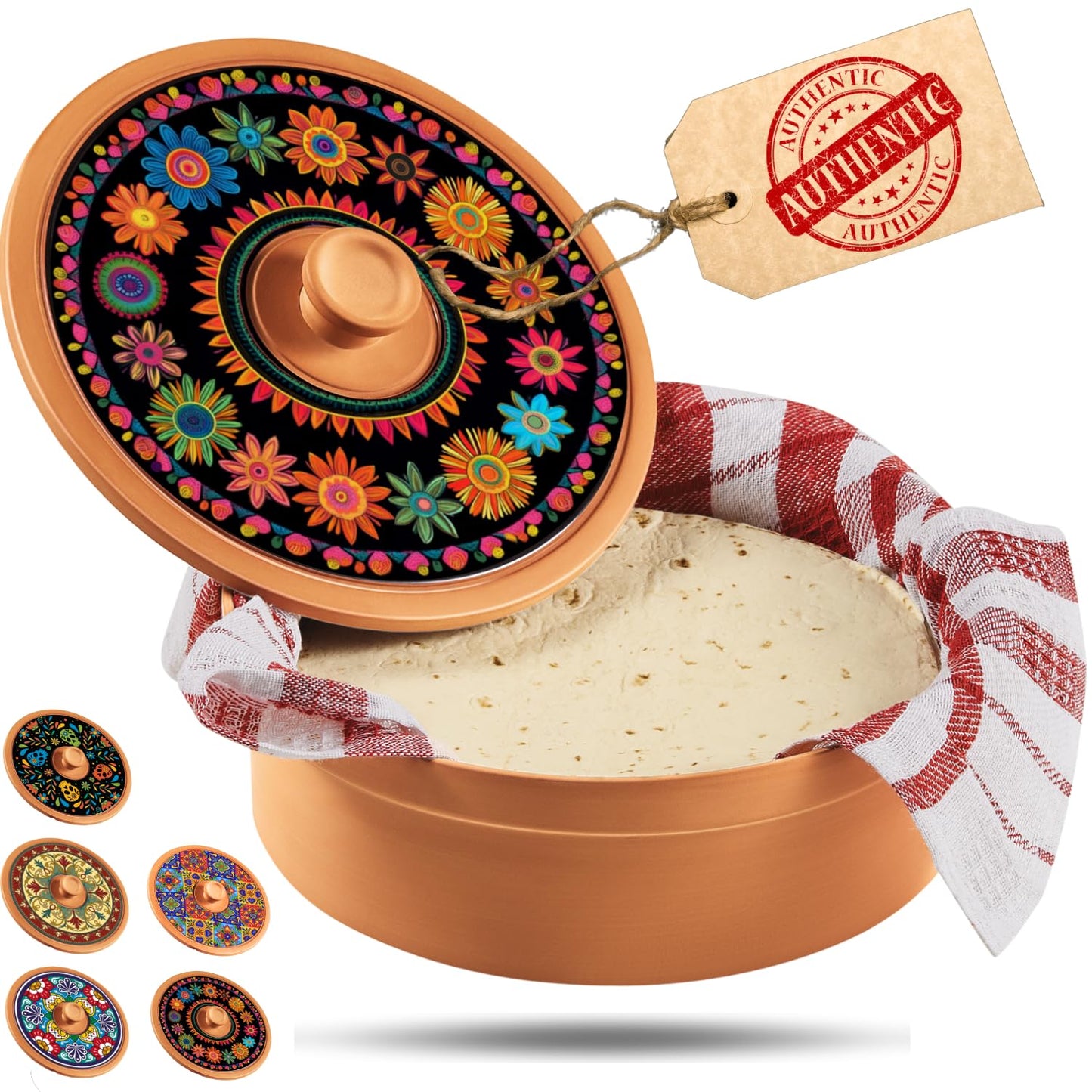 Terracotta Tortilla Warmer Day of the Dead - Mexican Clay Tortilla Holder with Decorative Marigold Lid & Warmer Cloth, Authentic Día de Muertos Terra Cotta Tortillero Holder for Parties & Celebrations