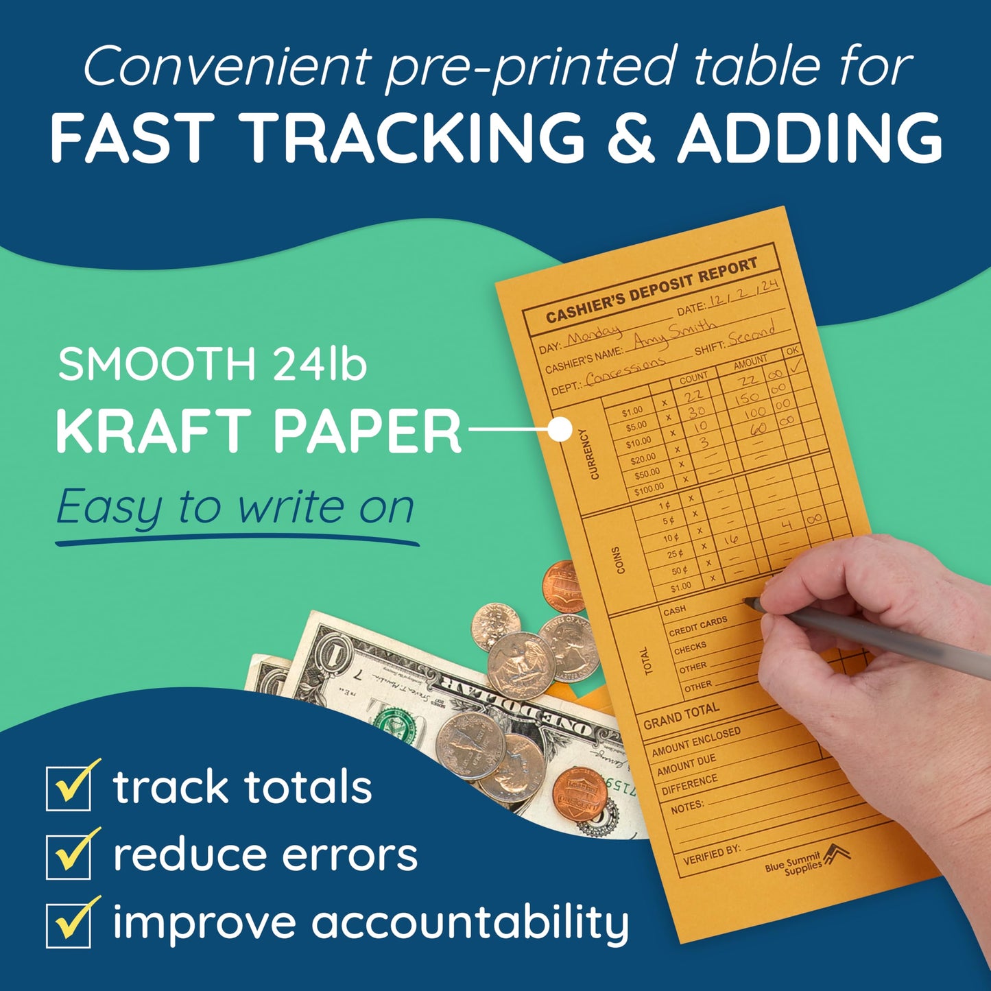 Blue Summit 500 Cash Deposit Envelopes, Cashier Deposit Envelopes for Small Business Money Drops, Retailers and Restaurants to Drop Cash Deposits with Banks, 24lb Brown Kraft, 500 Pack