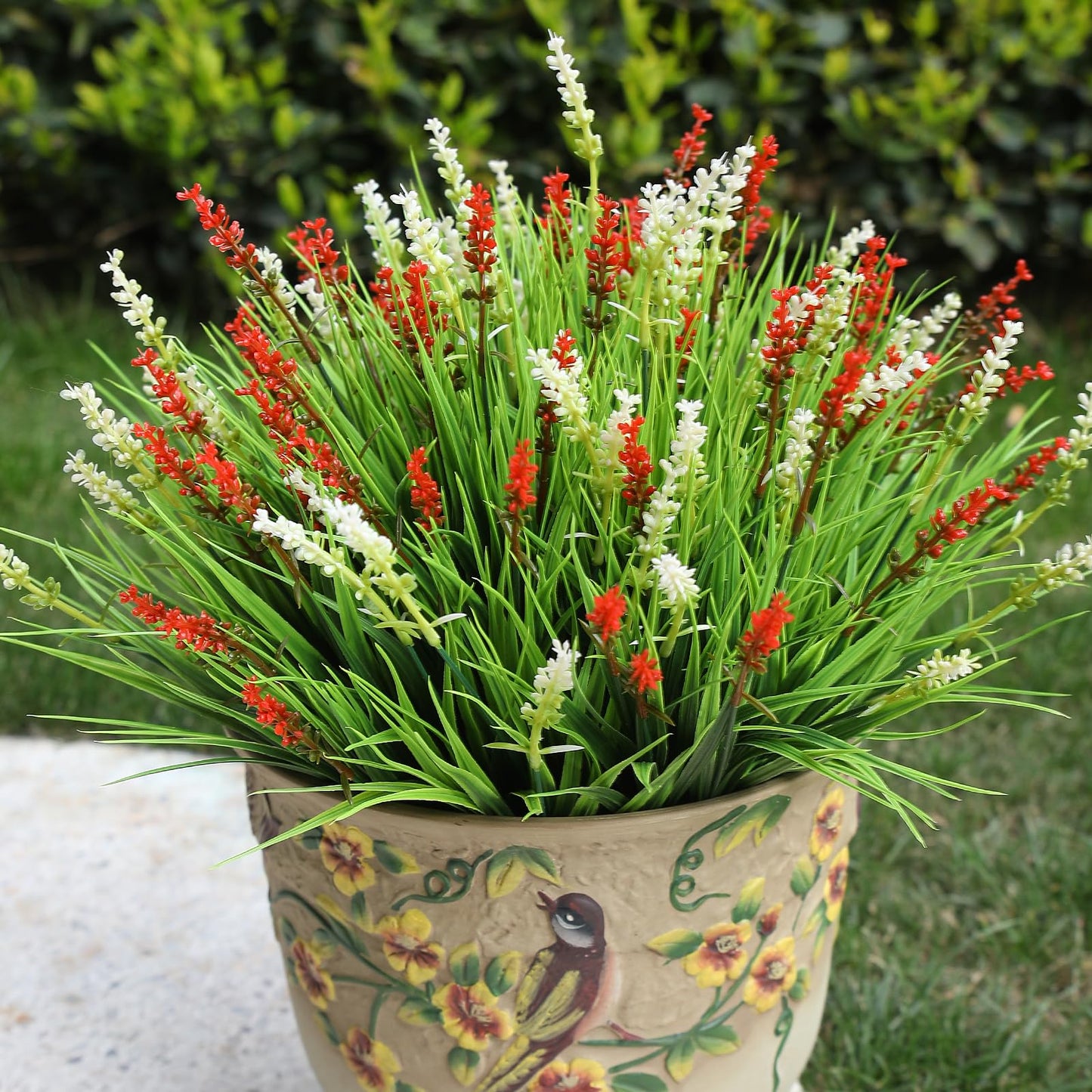alyptus Artificial Flowers Outdoor 12 Bundles Fake Plants Outside Red Flower Grass Faux Greenery Spring Summer Wildflower Decoration for Outdoors Yard Front Porch Planter Decor (Red Flowers)