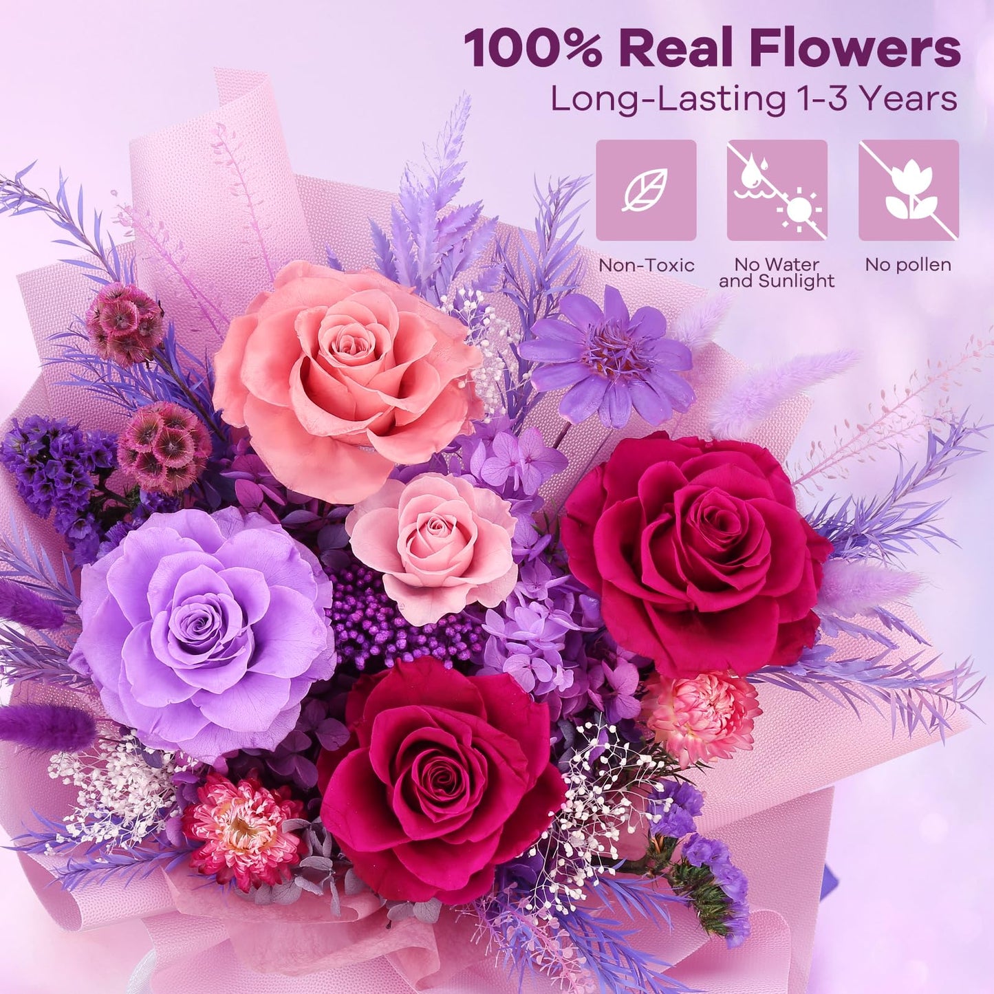 Bloom’s Diary Preserved Flower Bouquet - 100% Real Roses & Hydrangeas That Last 1-3 Years - Eternal Mixed Flower Arrangement for Women, Mom, Wife, Girlfriend, Anniversaries, Birthdays - Purple