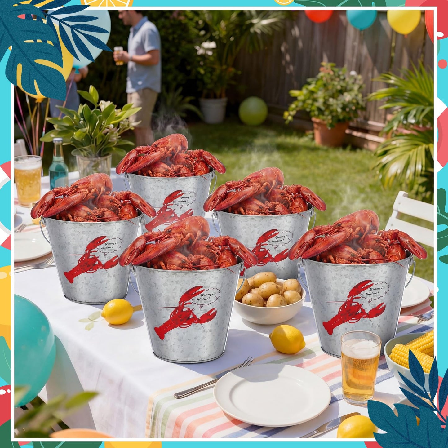 Yungyan 6 Pcs 5 x 4.8 in Crawfish Boil Party Supplies Metal Buckets with Handles Seafood Ice Buckets Lobster Crab Boil Mint Julep Ice Tub Beverage Tub for Seafood Festival Summer Birthday BBQ Picnic