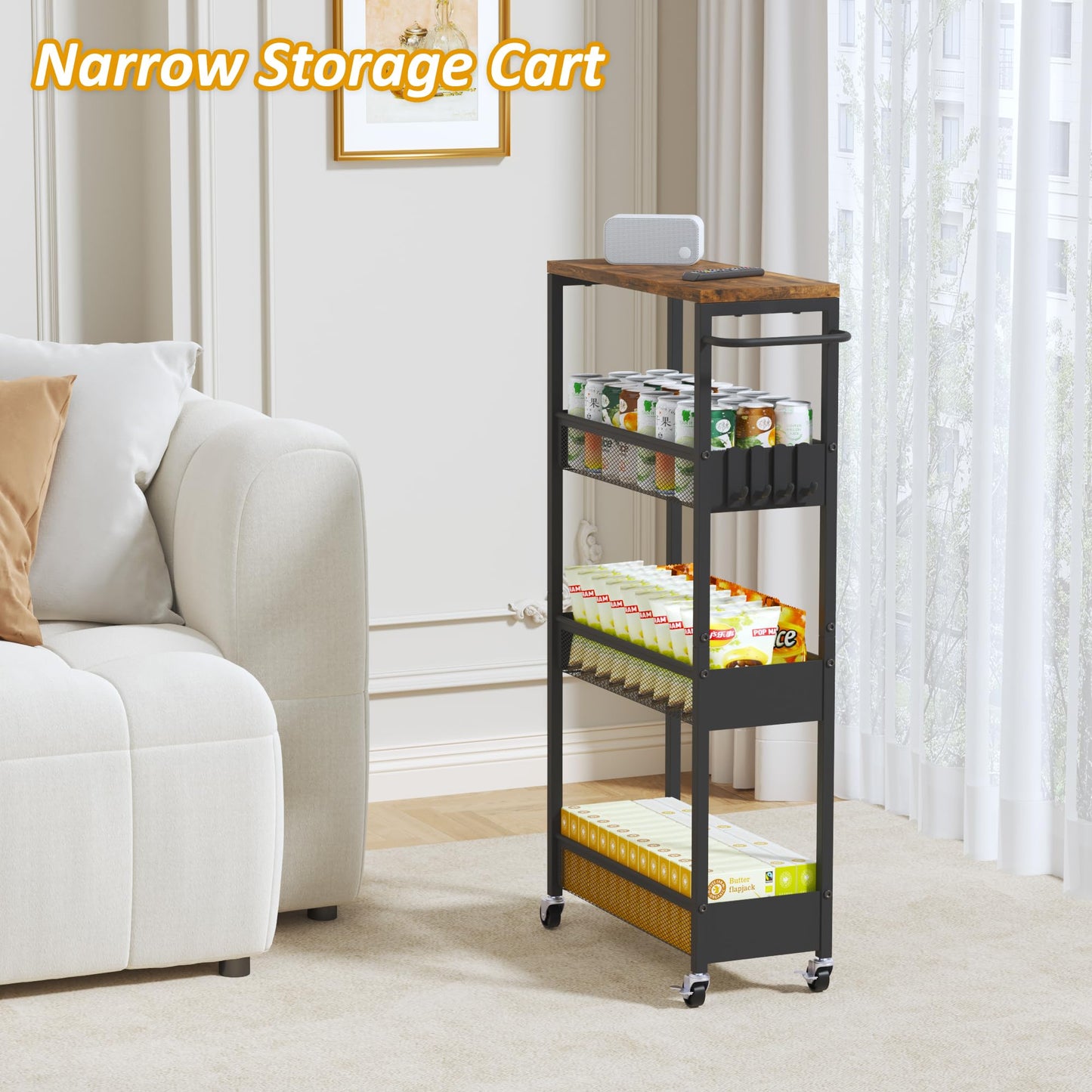 7.1" Wide Slim Rolling Utility Cart, 4 Tier Metal Narrow Storage Cart with Handle and Wood Top, Multifunctional Small Mobile Shelf Unit Organizer Trolley for Laundry, Bathroom, Kitchen