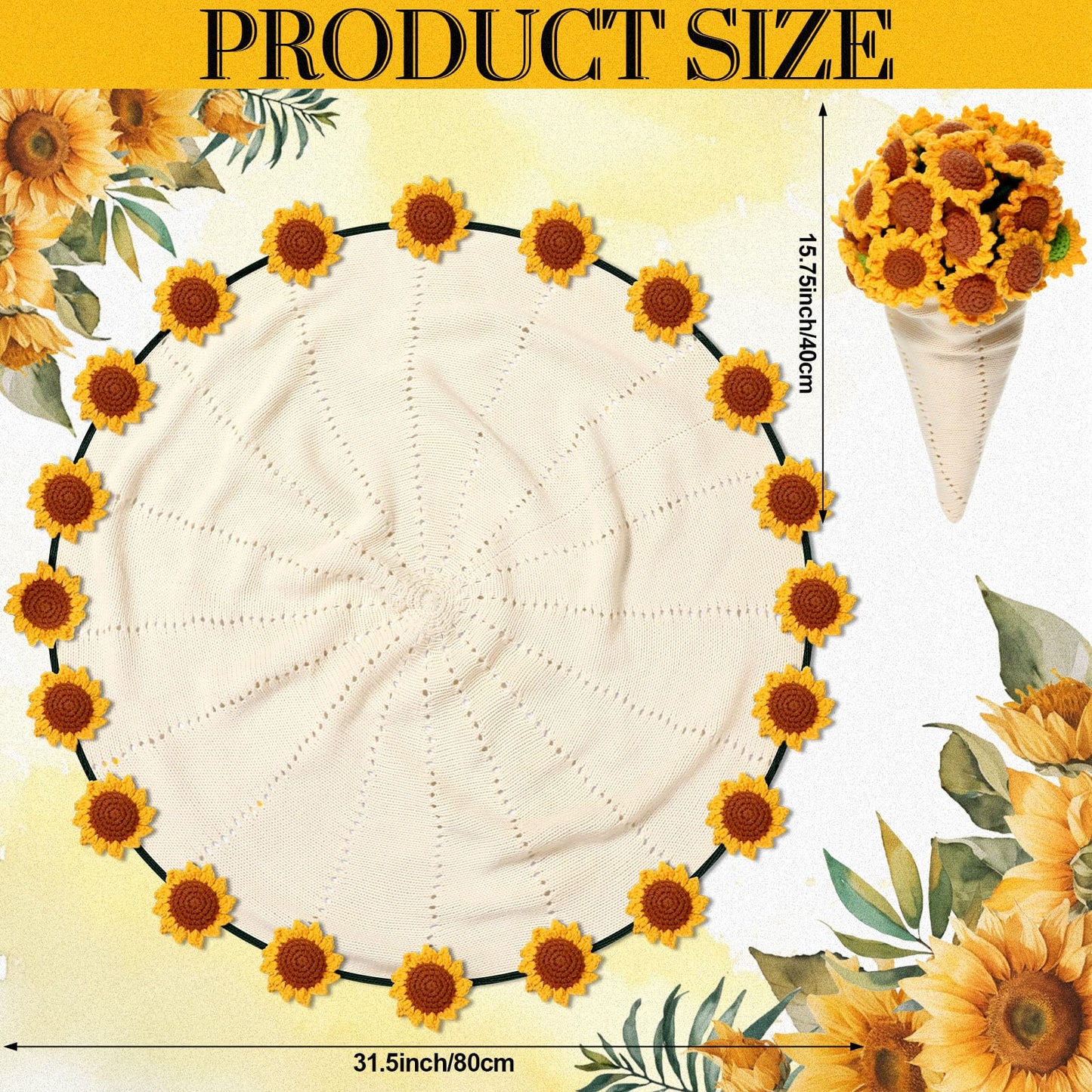 WovWeave Sunflower Crochet Knitted Blanket - 31.5 inch Finished Yellow Floral Bloomie Bouquet Blanket for Women Birthday Gift Anniversary Wedding Party Favors