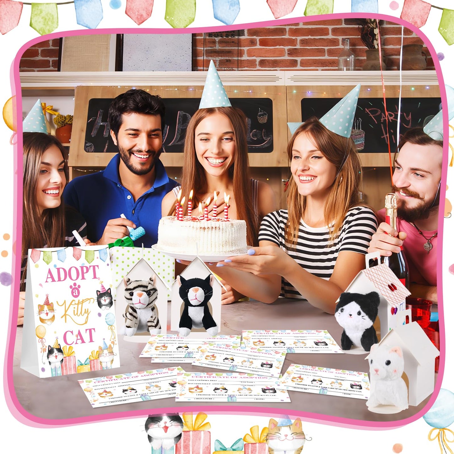 Cinnvoice 65 Pcs Adopt a Cat Party Favors, 16 Stuffed Cat Animals 16 Boxes 16 Cute Birthday Hats 16 Adoption Certificate Card 1 Adoption Sign for Adopt a Pet Party Favor Supplies (House,White)