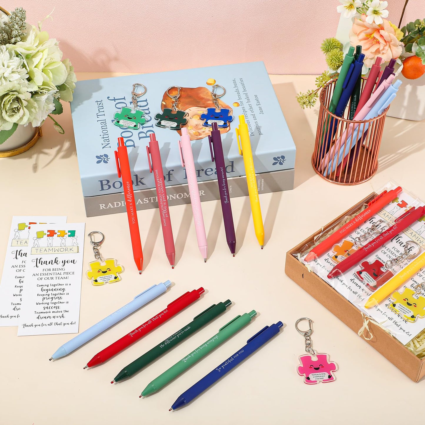 Dunzoom 60 Set CNA Week Gifts Bulk 2026 End of Year Graduation Gifts for Nursing Assistant Teacher Office Staff Employee Appreciation Team Puzzle Keychains & Thank You Pens (Thank You)