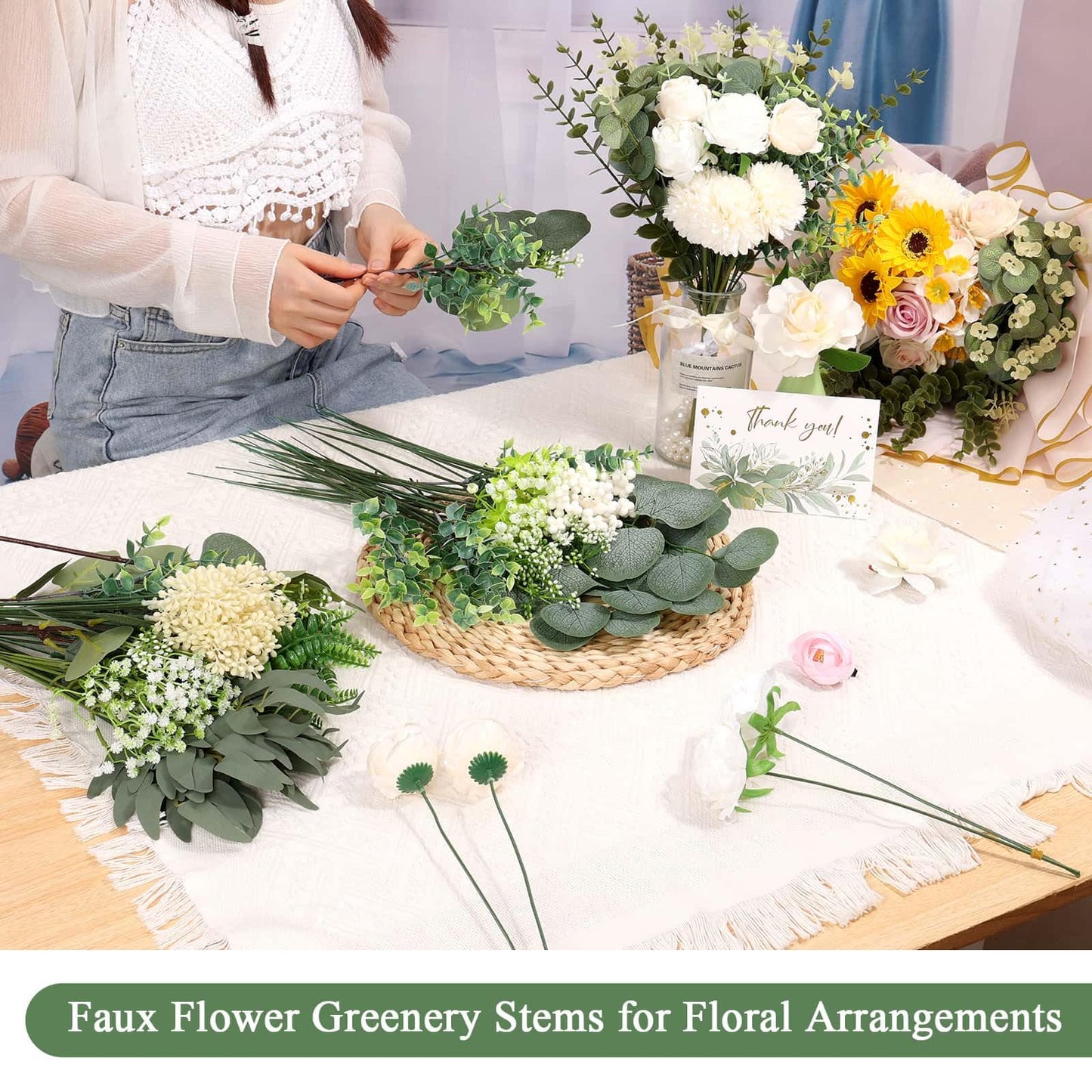 120Pcs 15 Kinds Mixed Artificial Eucalyptus Leaves Stems and Faux Flowers Bulk, Fake Silver Dollar Eucalyptus Bundle Plants Greenery Branches for Wedding Vase Bouquets Floral Arrangement Home Decor