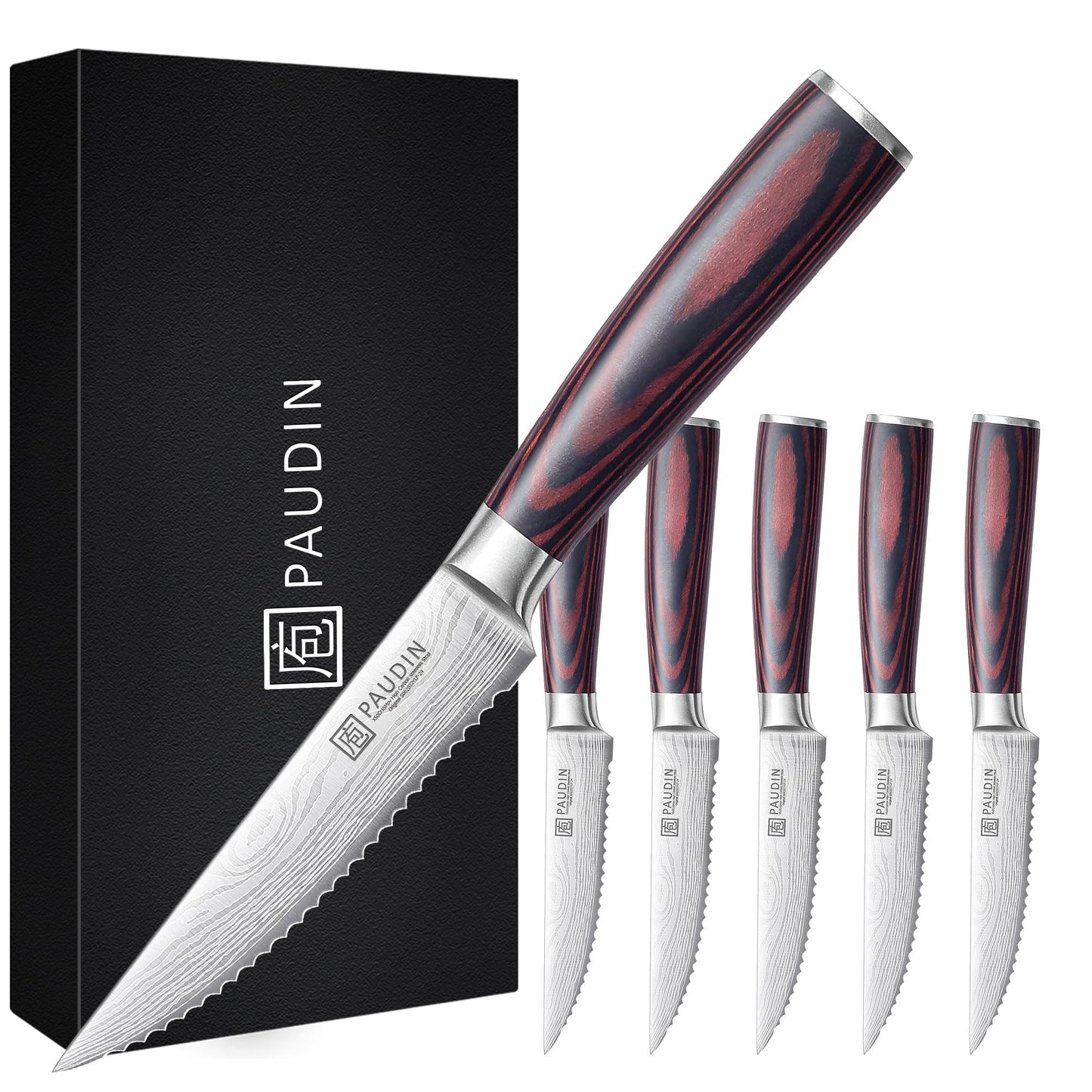 PAUDIN Steak Knives, Steak Knives Set of 6, Ultra Sharp 4.5 Inch Serrated Steak Knife, High Carbon Stainless Steel Steak Knife Set with Pakkawood Handle and Gift Box