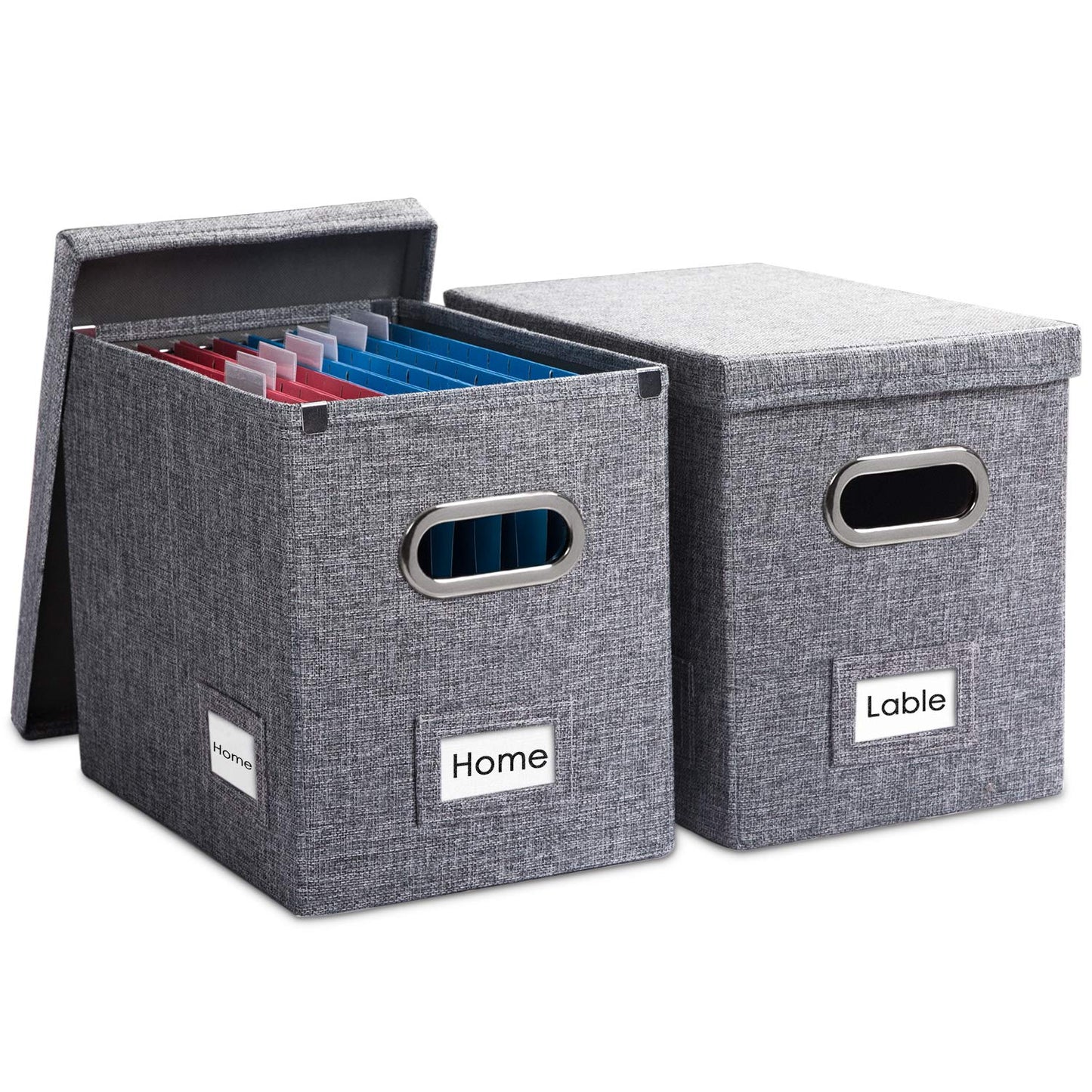 PRANDOM File Organizer Box - Set of 2 Collapsible Decorative Linen Filing Storage Hanging File Folders with Lids Office Cabinet Letter Size Grey (14x9.3x10.8 inch)