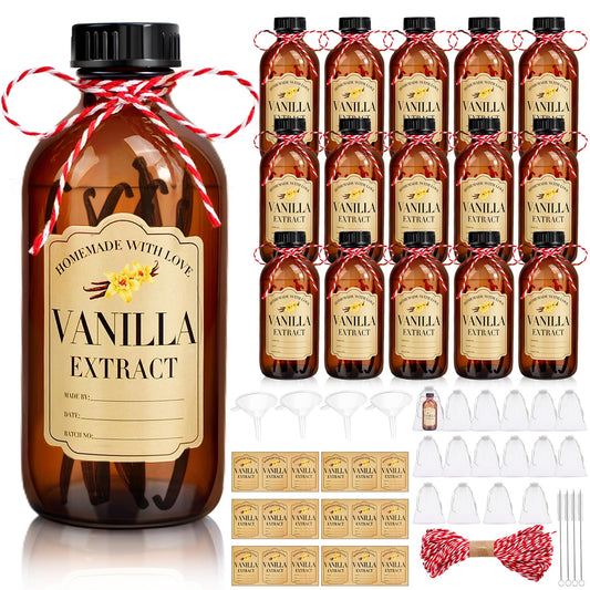 16Pcs 8 oz Amber Glass Bottle Boston Round Bottles for Vanilla Extract Homemade,Brown Vanilla Extract Bottles with Caps for Syrup Gift Glass Food Storage Canister and Sauce Beans