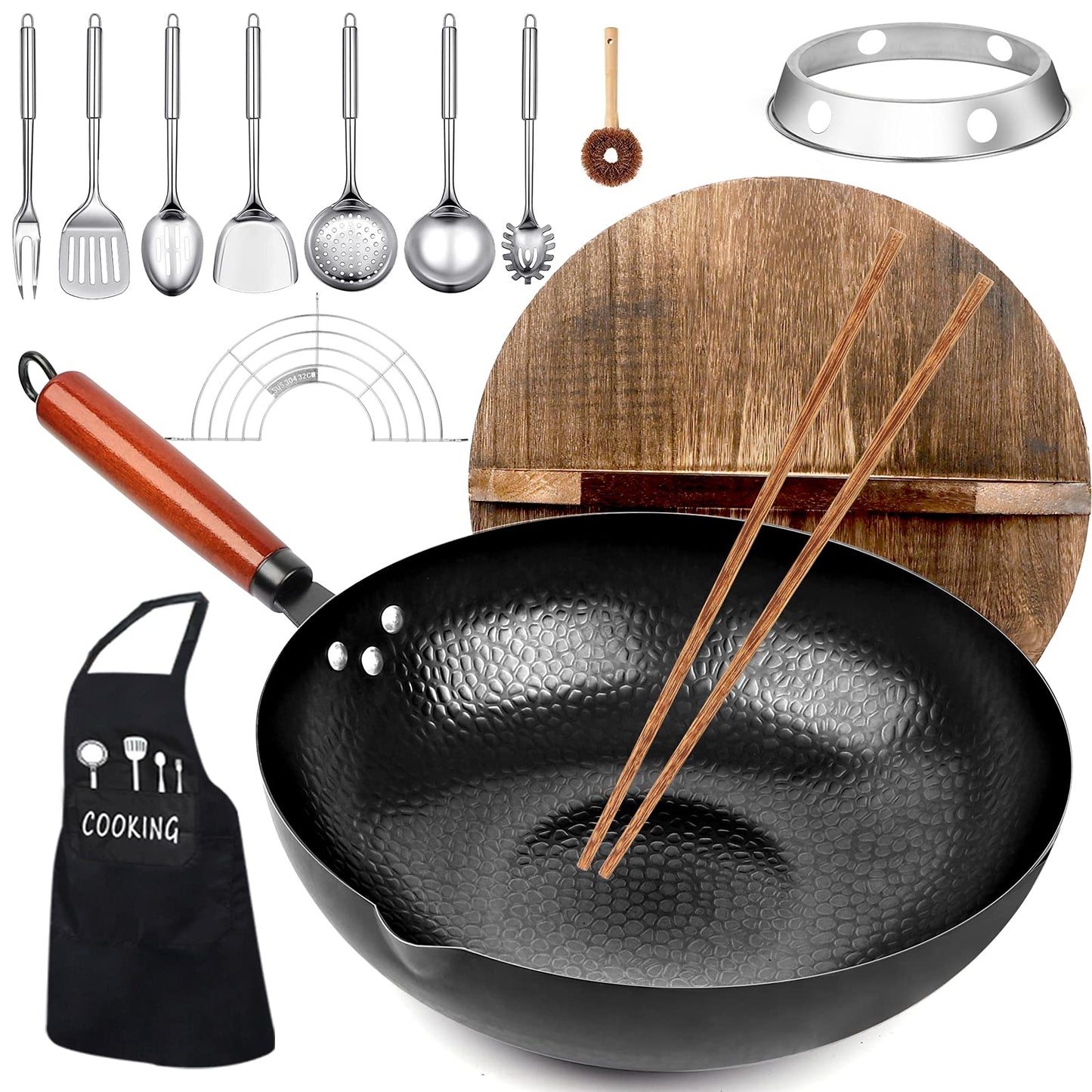 kaqinu 14 Piece Carbon Steel Wok Pan, Woks & Stir-Fry Pans Set with Wooden Lid Cookwares, No Chemical Coated Flat Bottom Chinese Pan for Induction, Electric, Gas, Halogen All Stoves - 12.6''