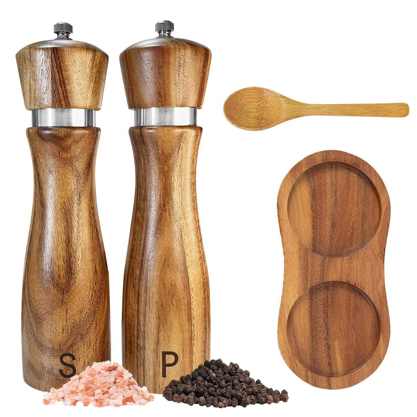 Wooden Salt and Pepper Grinder Set:Pepper Grinder Manual,Adjustable Coarseness,Crafted of Acacia Wood with Ceramic/Stainless Steel Core|Along with Salt&Pepper Mill Tray,Spoon,8in,2pack